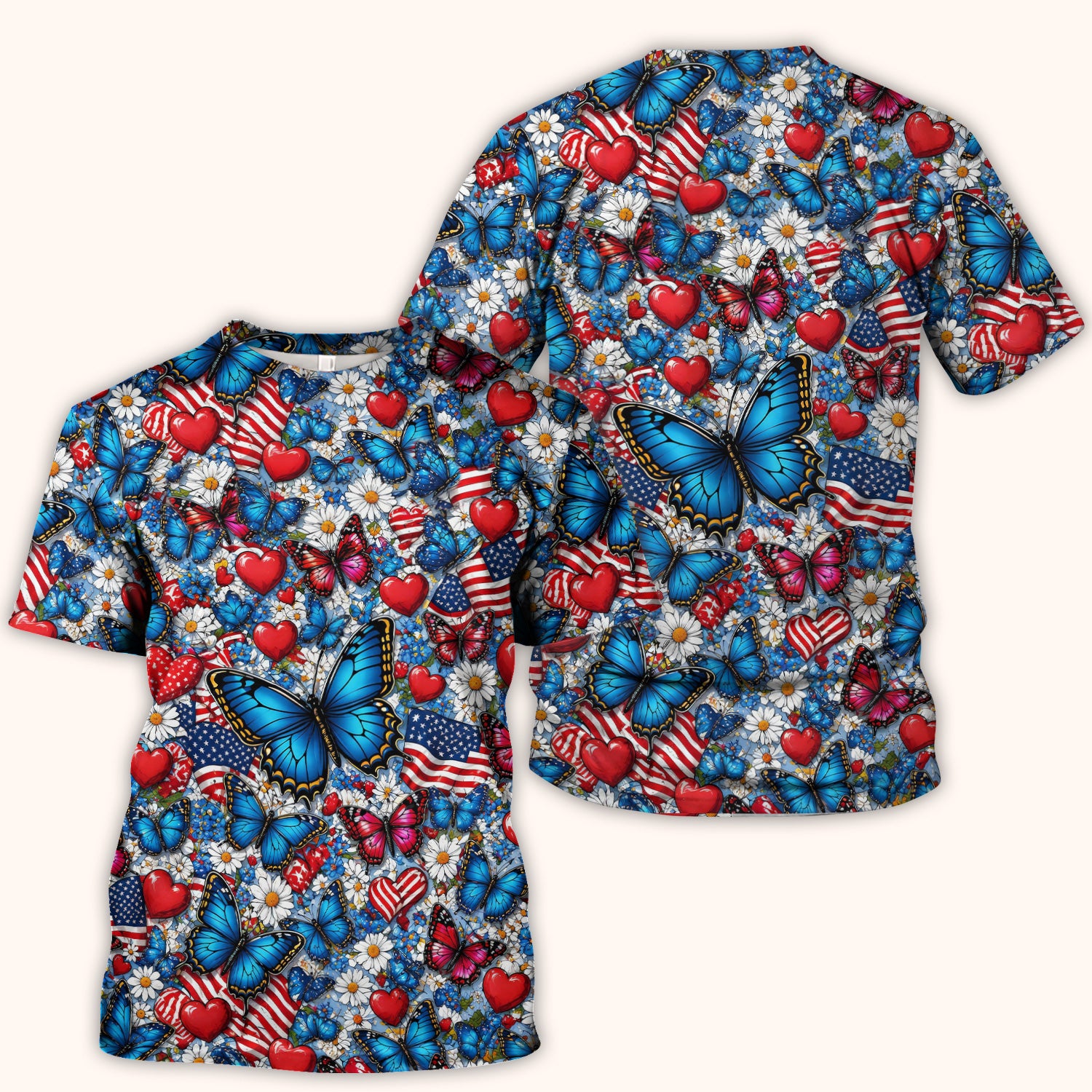 Festive Patriotic Butterfly Heart Floral Pattern Scrub Top, Comfortable Scrubs for Nurses