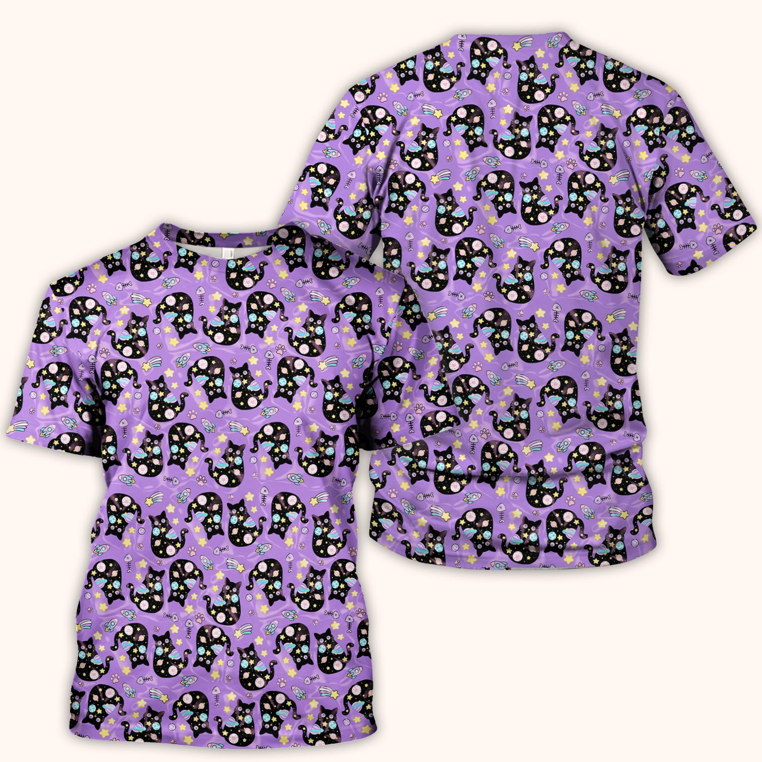 Galaxy Black Cat Space Pattern Scrub Top, Breathable Fabrics Nursing Uniform
