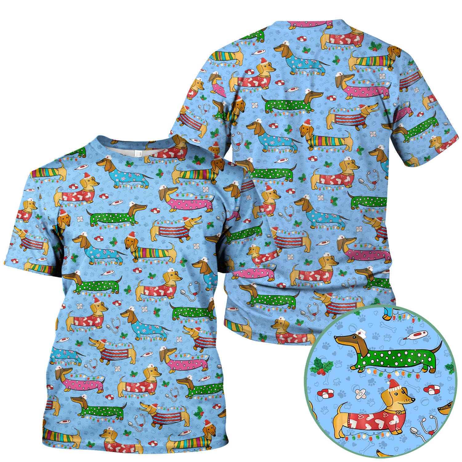 Christmas Dachshund Nurse Scrub Top - Cute Wiener Dog in Holiday Outfit - Funny Medical Shirt Gift for Women RN LPN CNA