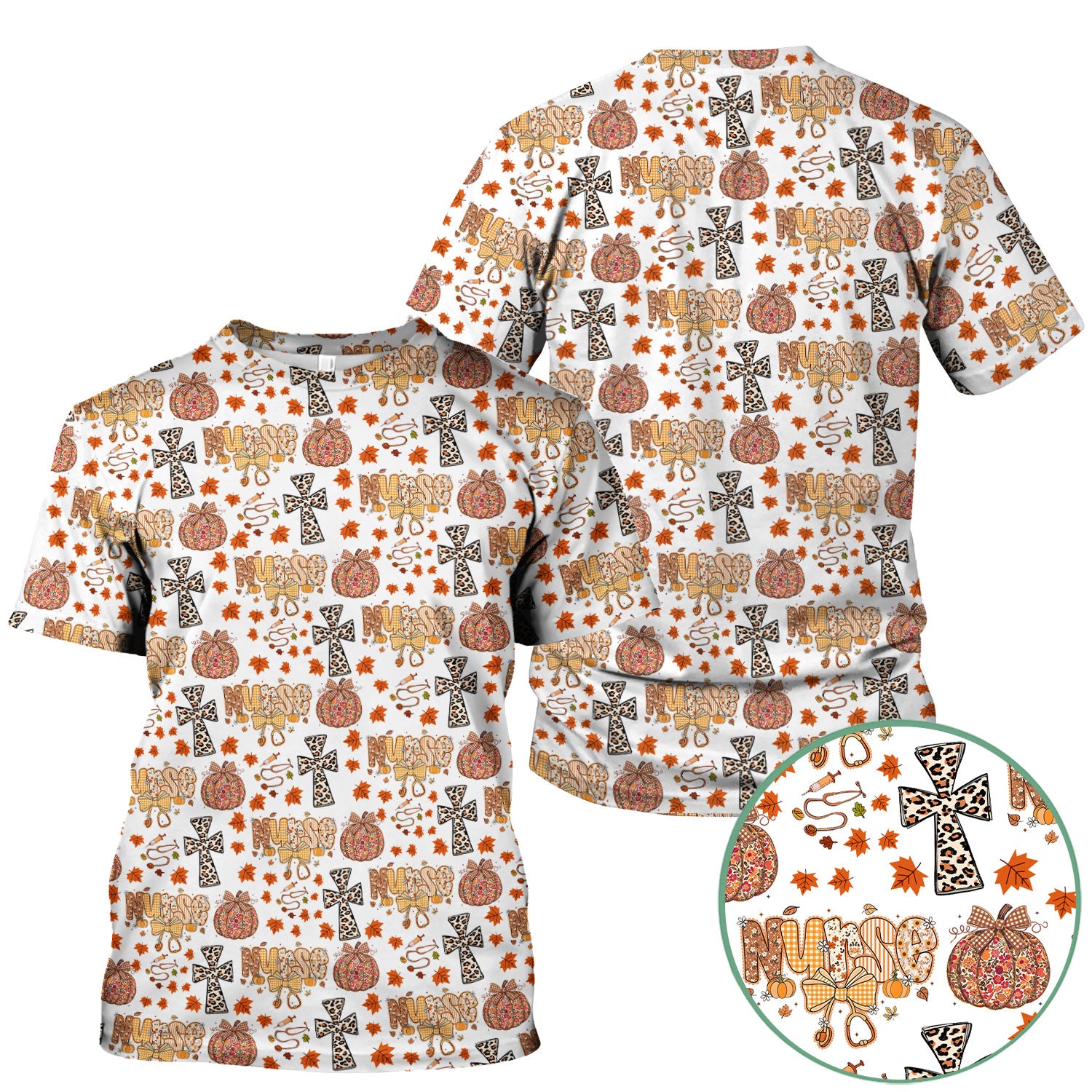 Floral Pumpkin Scrub Top for Women - Coquette Bow Thanksgiving Shirt - Comfortable Medical Uniform