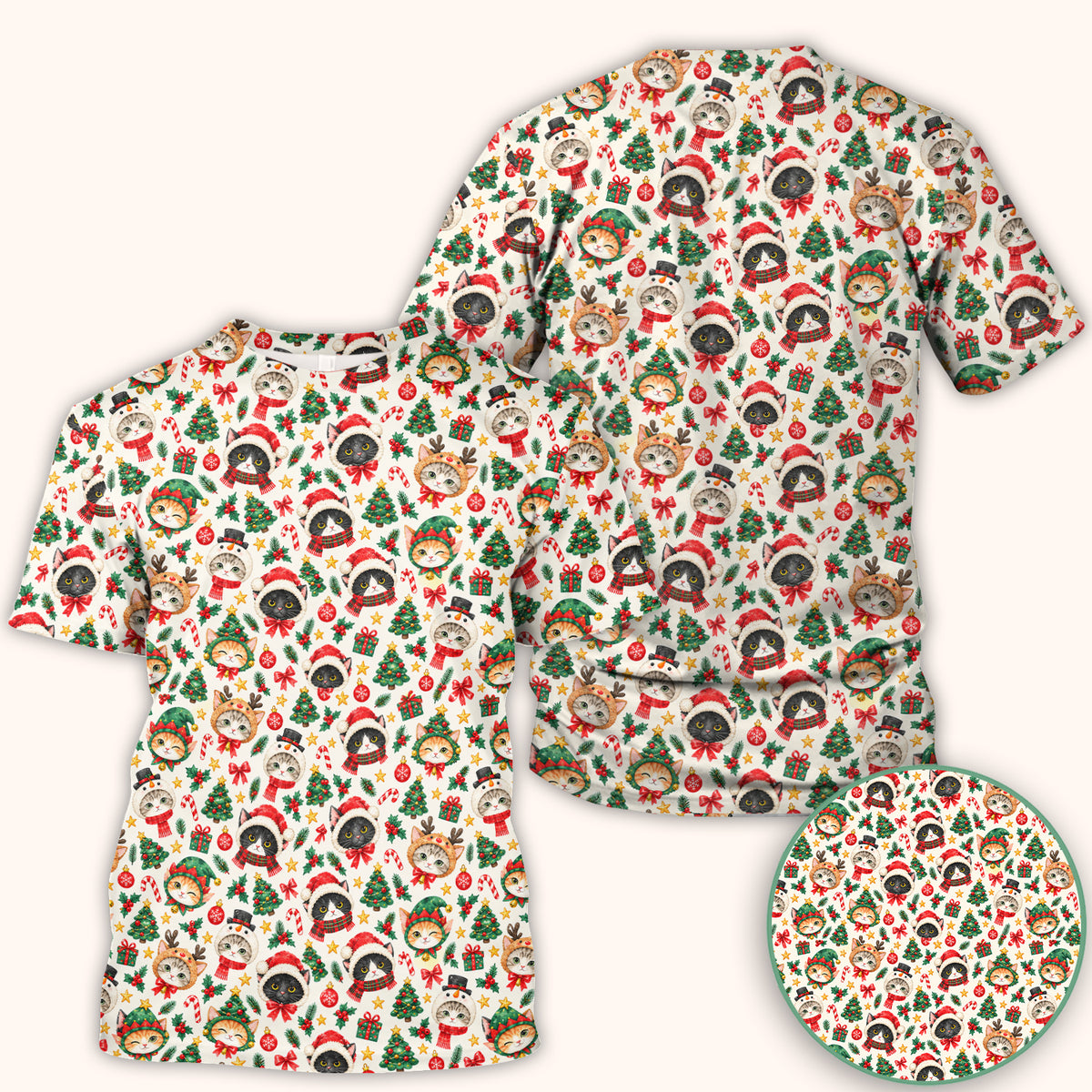 Christmas Cats And Trees Pattern Scrub Top, Comfortable Scrubs for Nurses