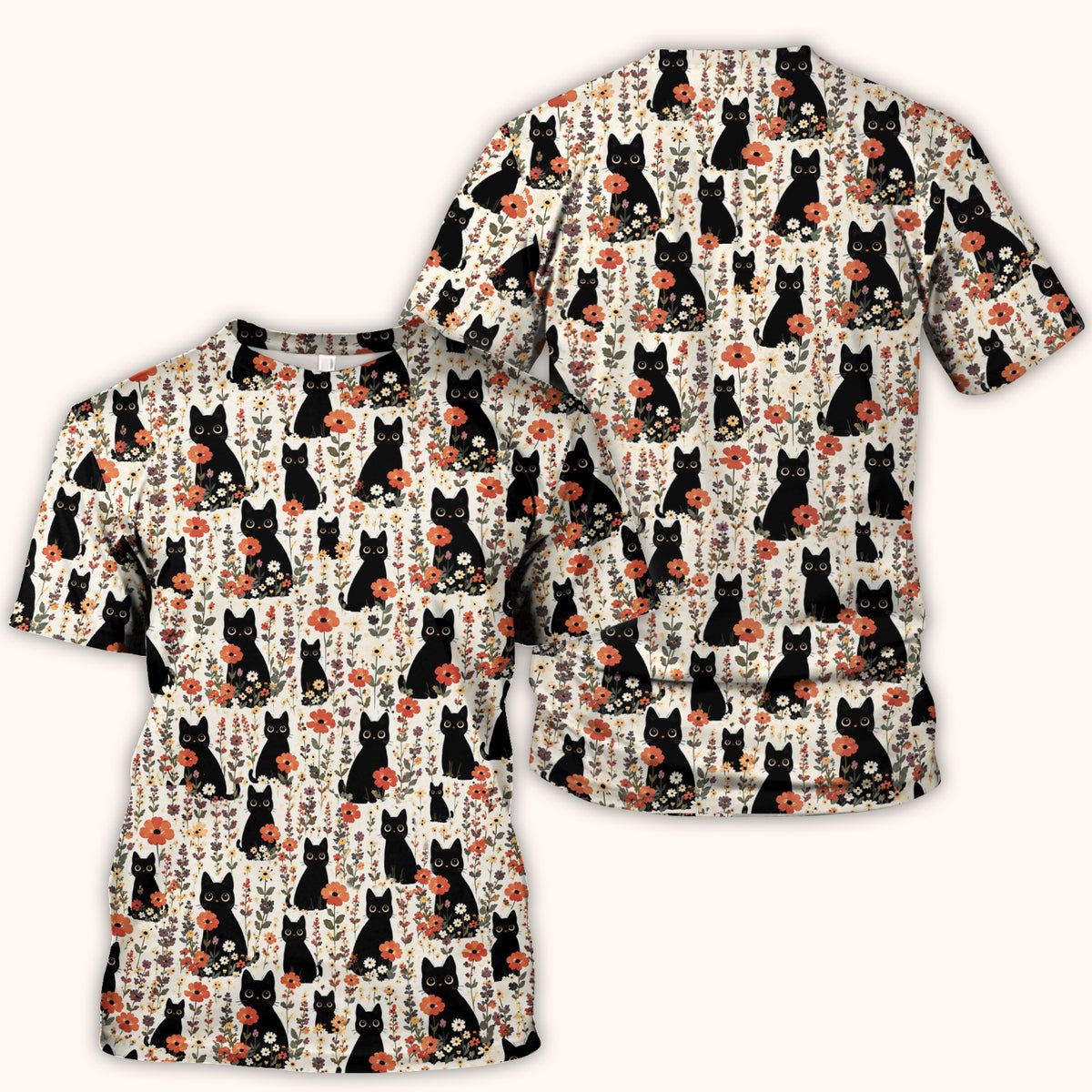 Cute Black Cat Wildflower Pattern Scrub Top, Comfortable Scrubs for Nurses