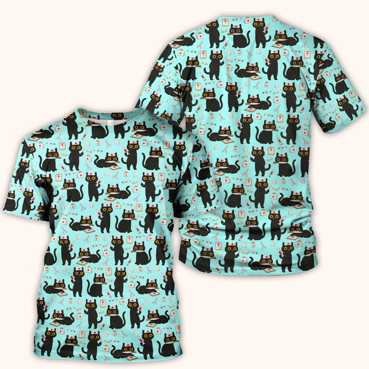 Cute Black Cat Nurse Pattern Scrub Top, Comfortable Scrubs for Nurses