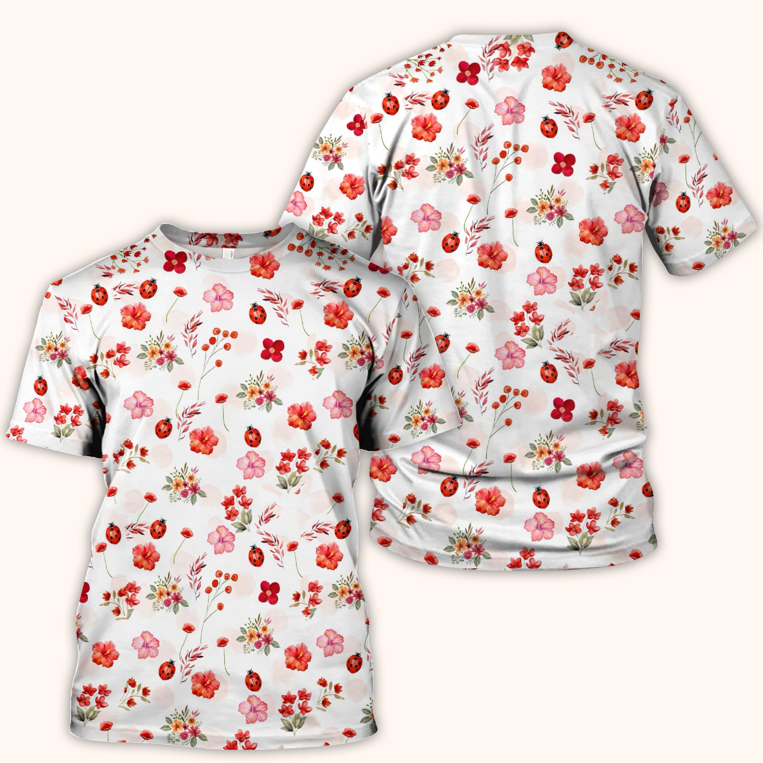 Red Ladybug Floral Garden Pattern Scrub Top, Comfortable Scrubs for Nurses