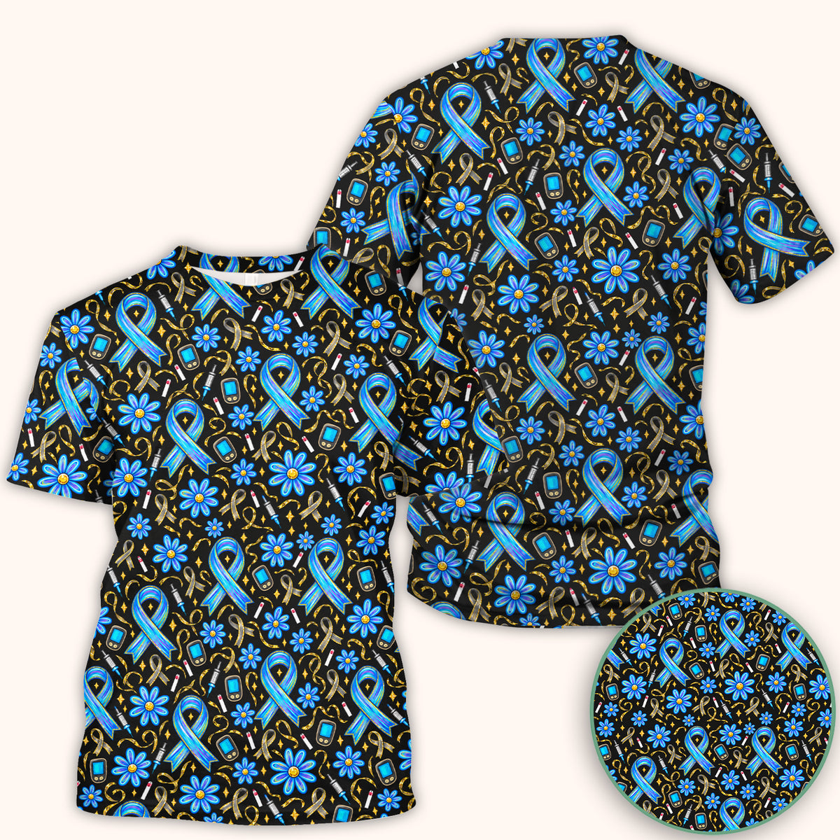 Diabetes Awareness Ribbon Pattern Scrub Top, Comfortable Scrubs for Nurses