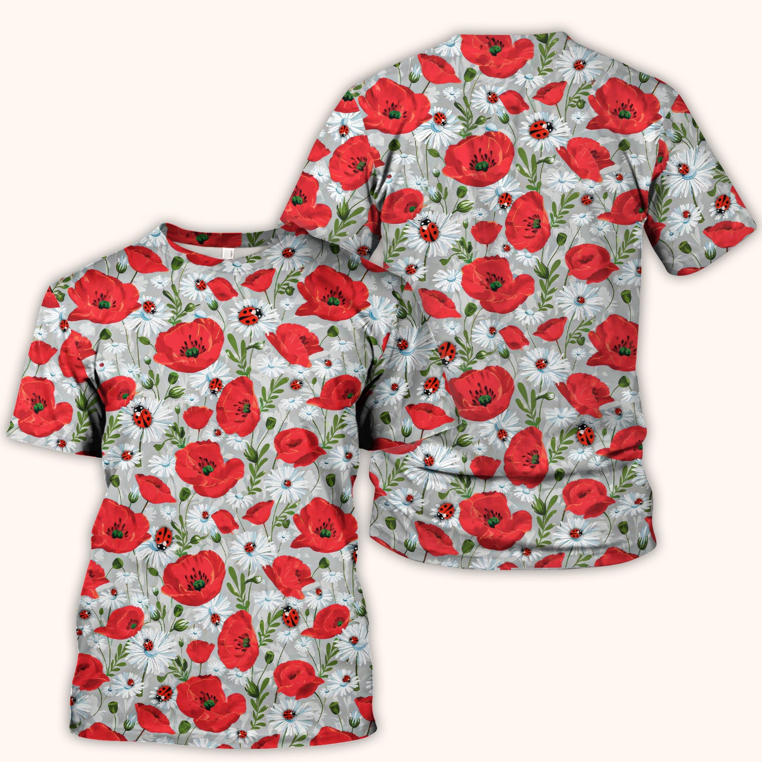 Cute Red Poppy Daisy Ladybug Floral Print Scrub Top, Comfortable Scrubs for Nurses