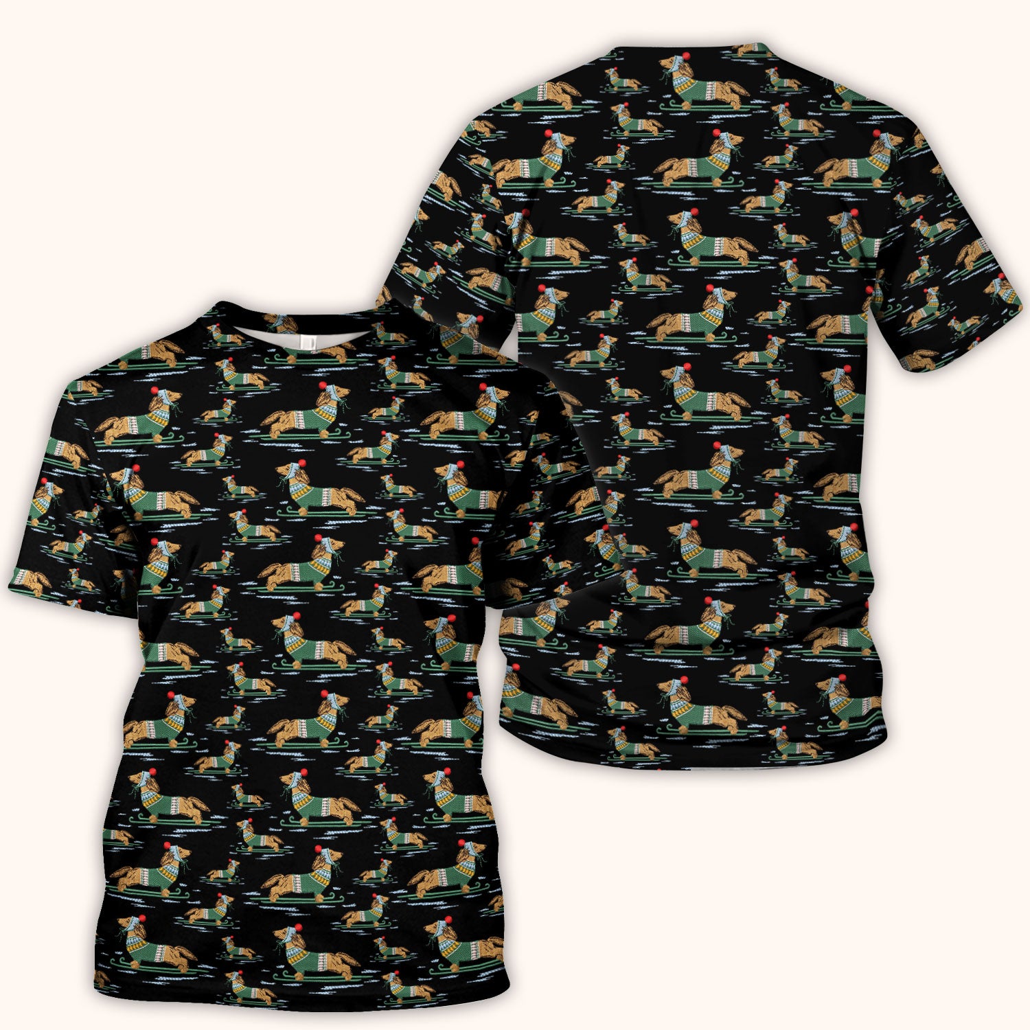 Dachshund Nurse Scrub Top, Wiener Dog Winter Pattern Shirt, Breathable Fabrics Nursing Uniform