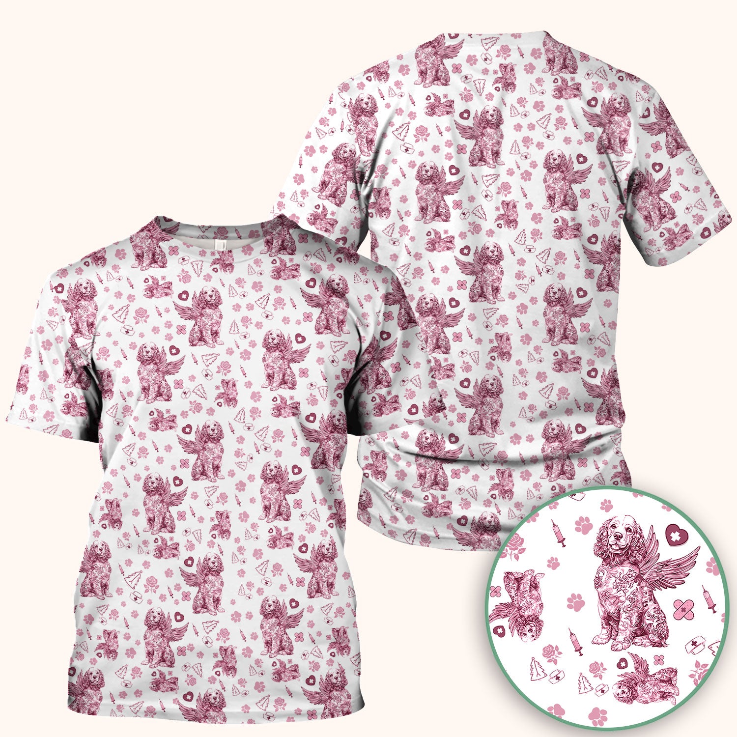 Toile De Jouy Scrubs for Nurses - Angel Puppy Medical Uniform - Floral Dog in Heaven Gift for Women, Vet Techs, RN CNA LPN