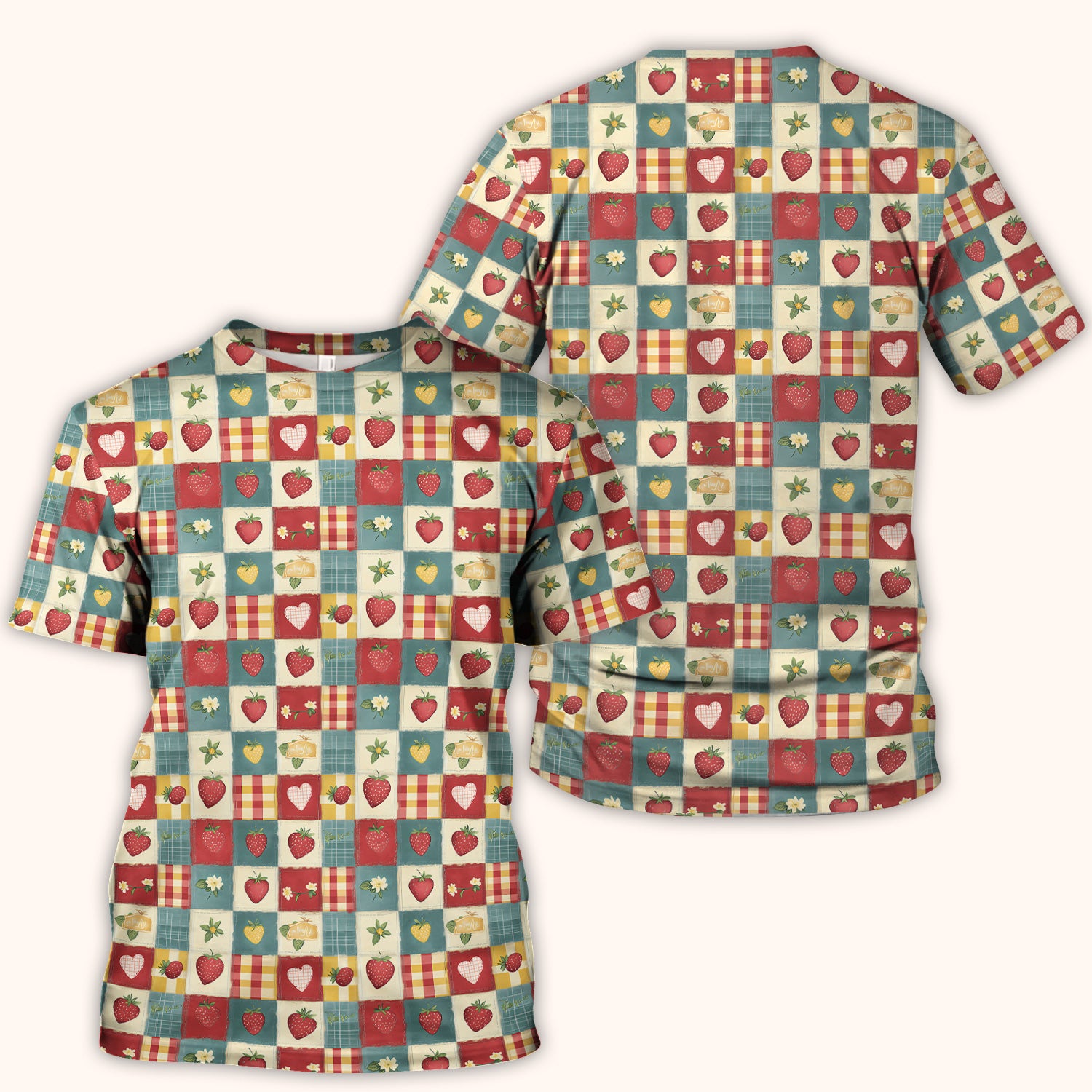 Cute Strawberry Floral Patchwork Pattern Scrubs Top, Comfortable Scrubs for Nurses