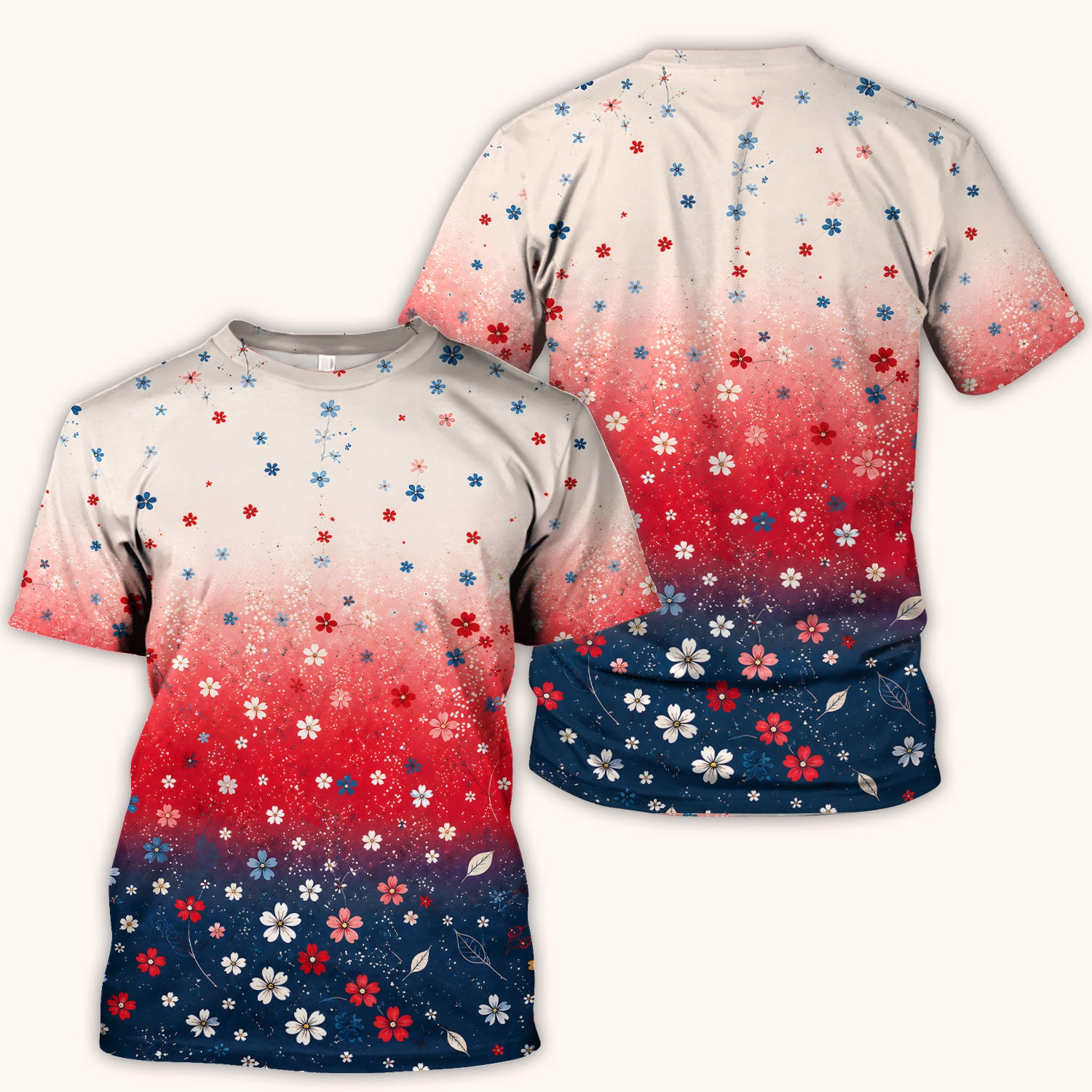 Patriotic Red White Blue Floral Ombre Print Scrub Top, Comfortable Scrubs for Nurses