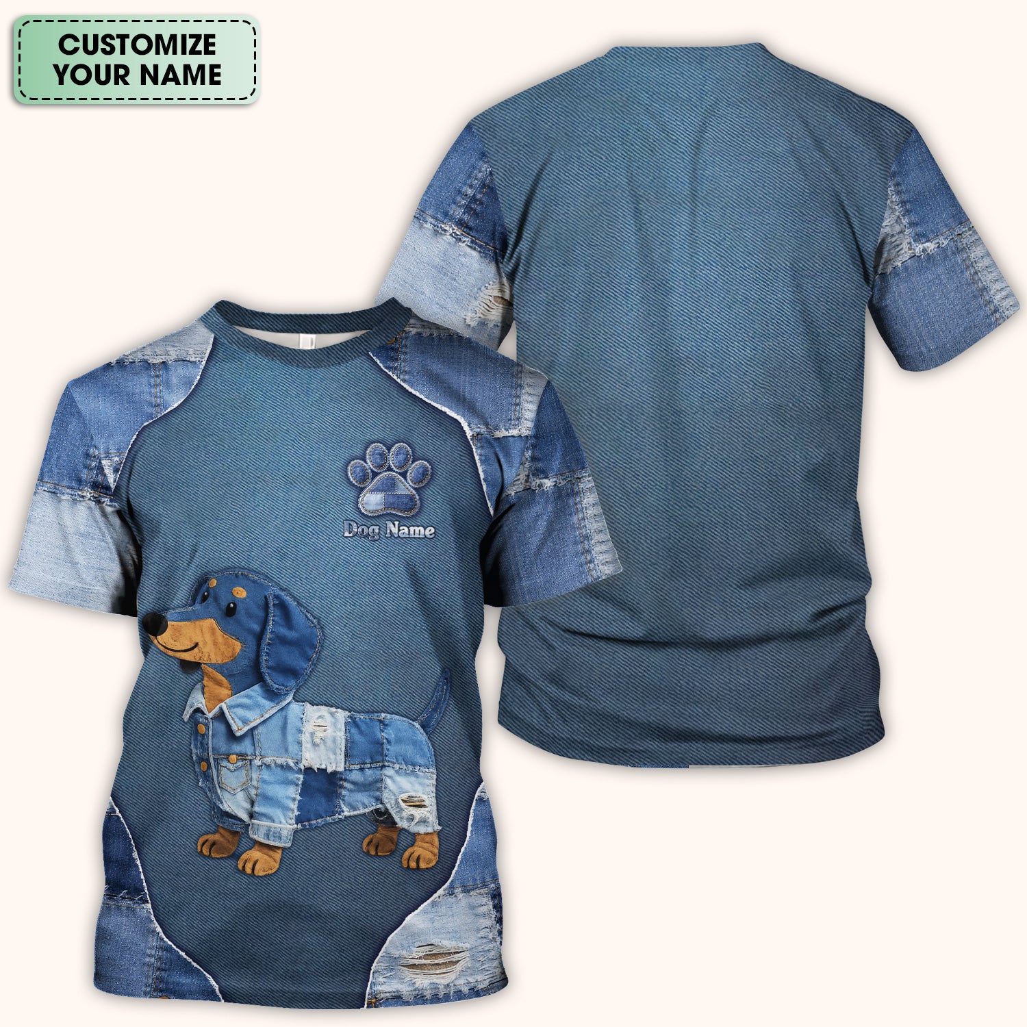 Custom Dog Name Denim Dachshund Print Scrub Top, Comfortable Scrubs for Nurses