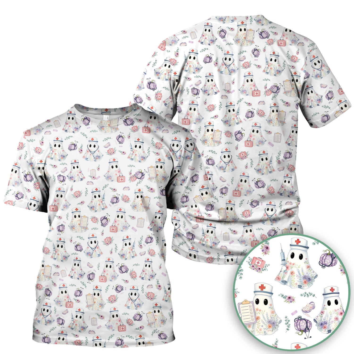 Ghost Nurse Medical Uniform - Cute Boo Halloween Pumpkin Scrub Top for Women - Gift for CRNA ICU Nurses