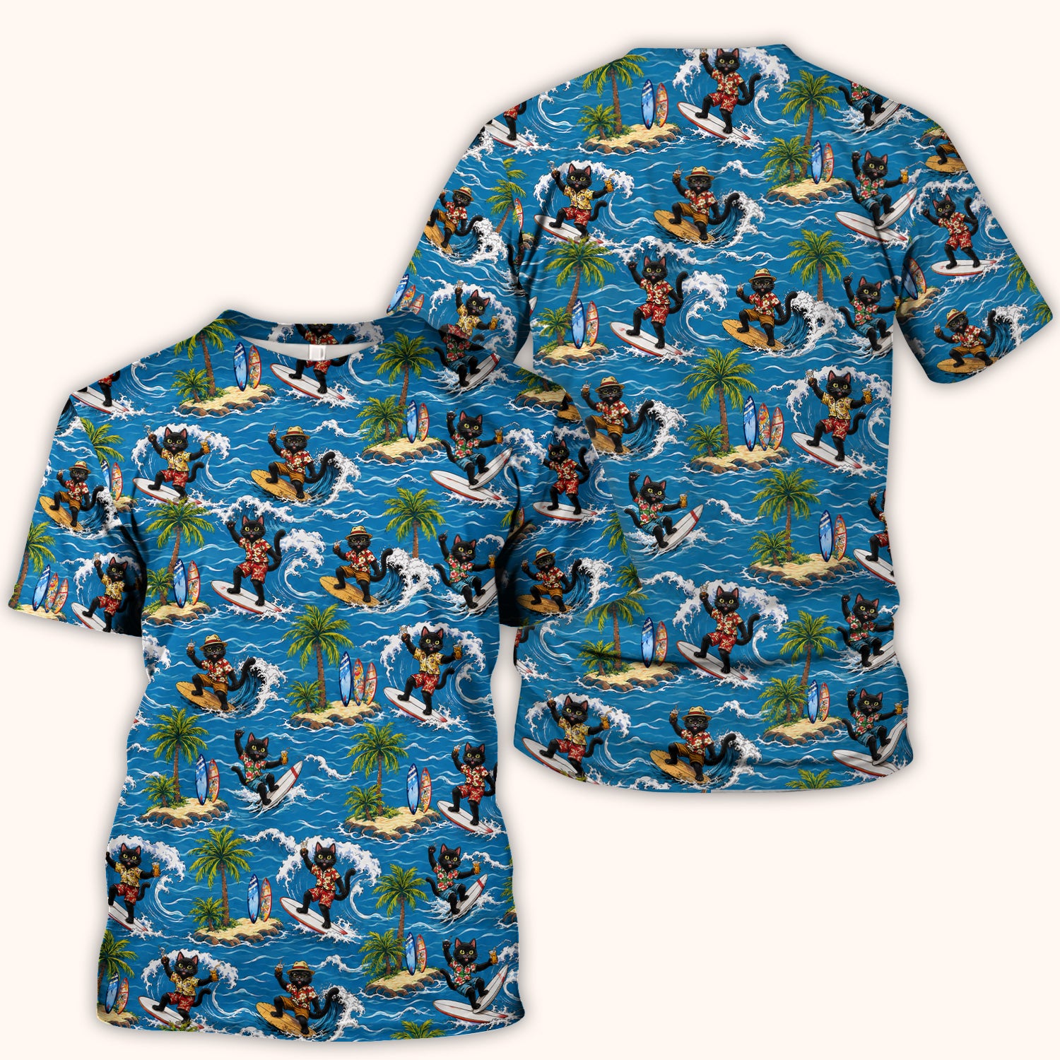 Tropical Black Cat Surfer Island Pattern Scrub Top, Comfortable Scrubs for Nurses