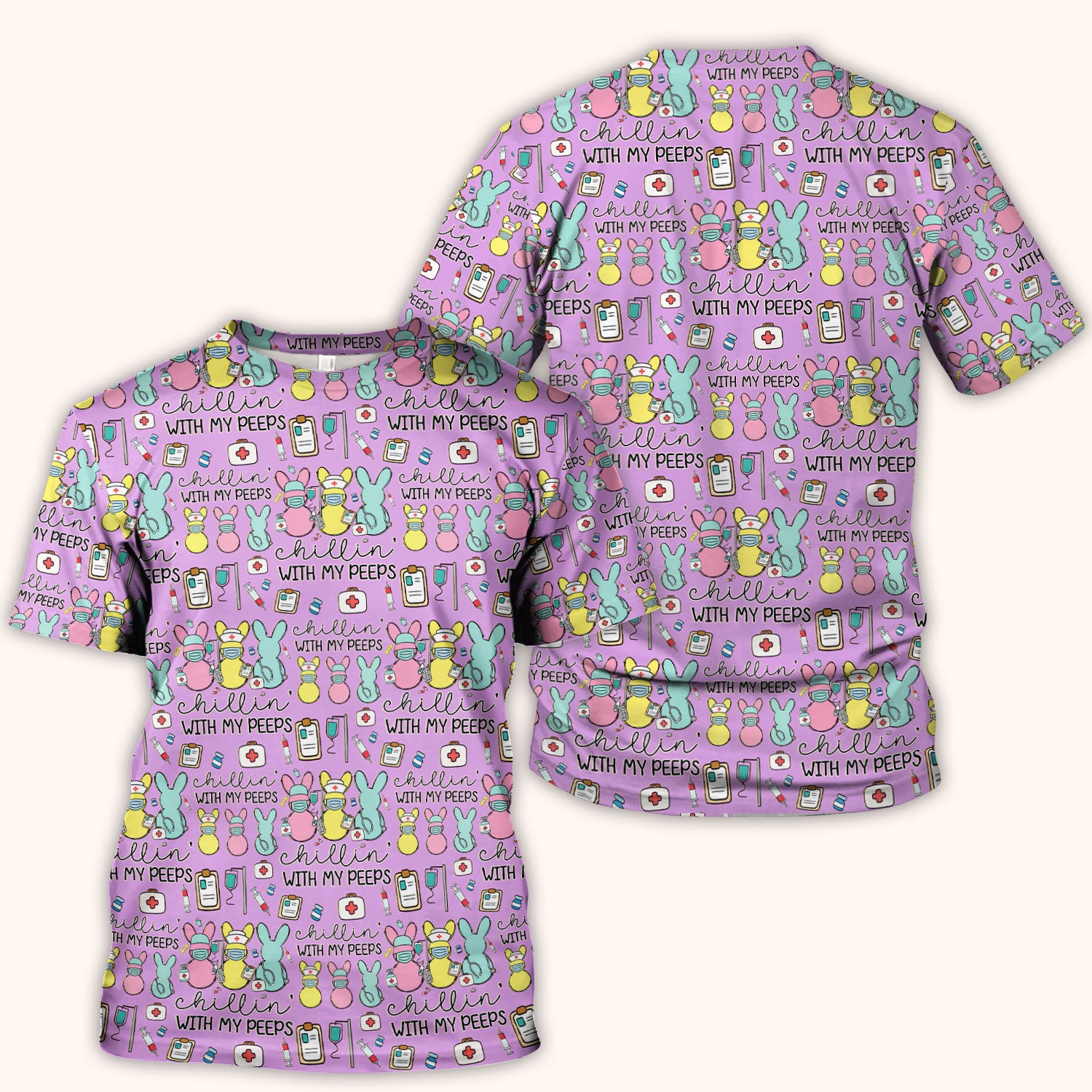 Cute Bunny Nurse Chillin With My Peeps Scrub Top, Comfortable Scrubs for Nurses, Easter