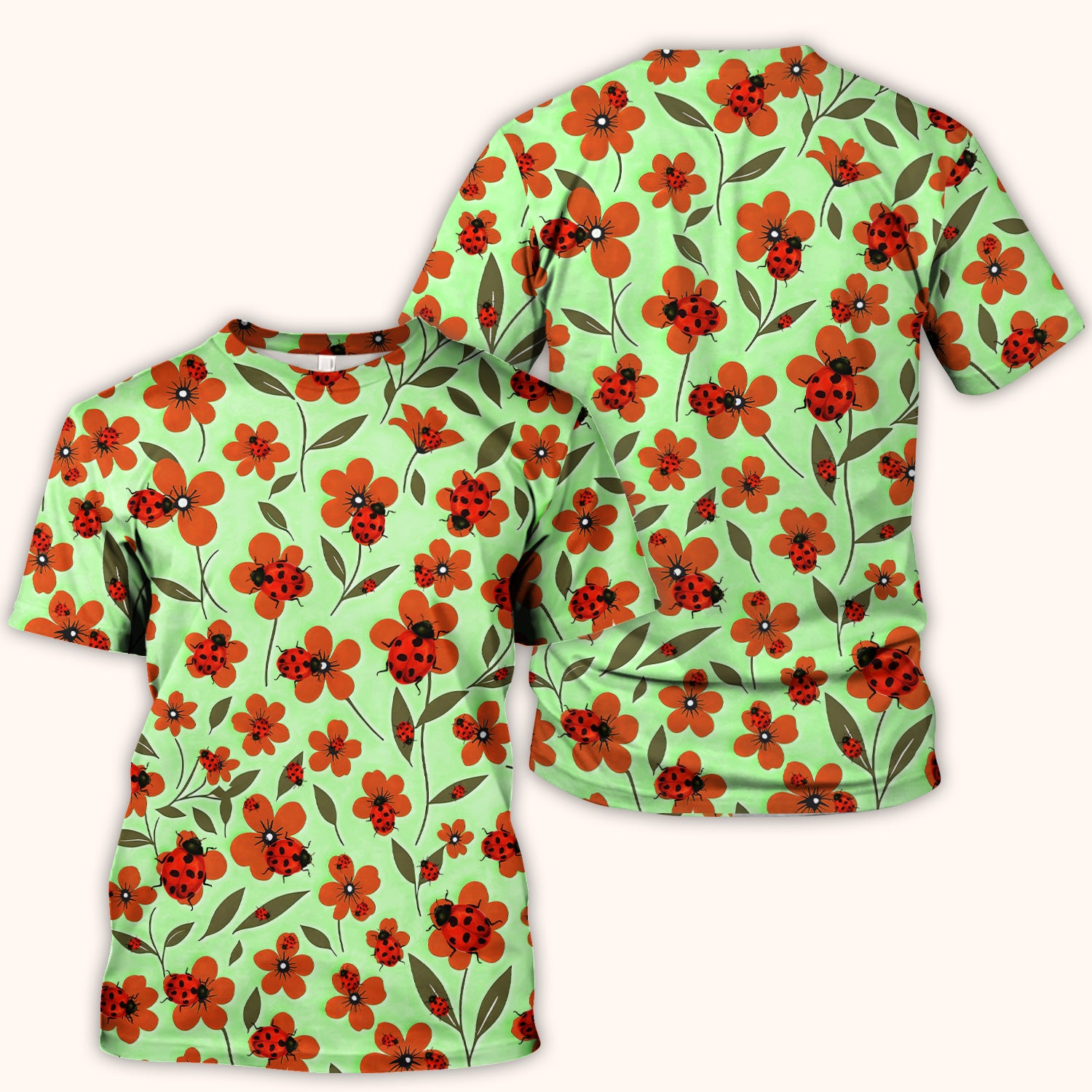 Ladybug on Orange Floral Garden Pattern Scrub Top, Comfortable Scrubs for Nurses