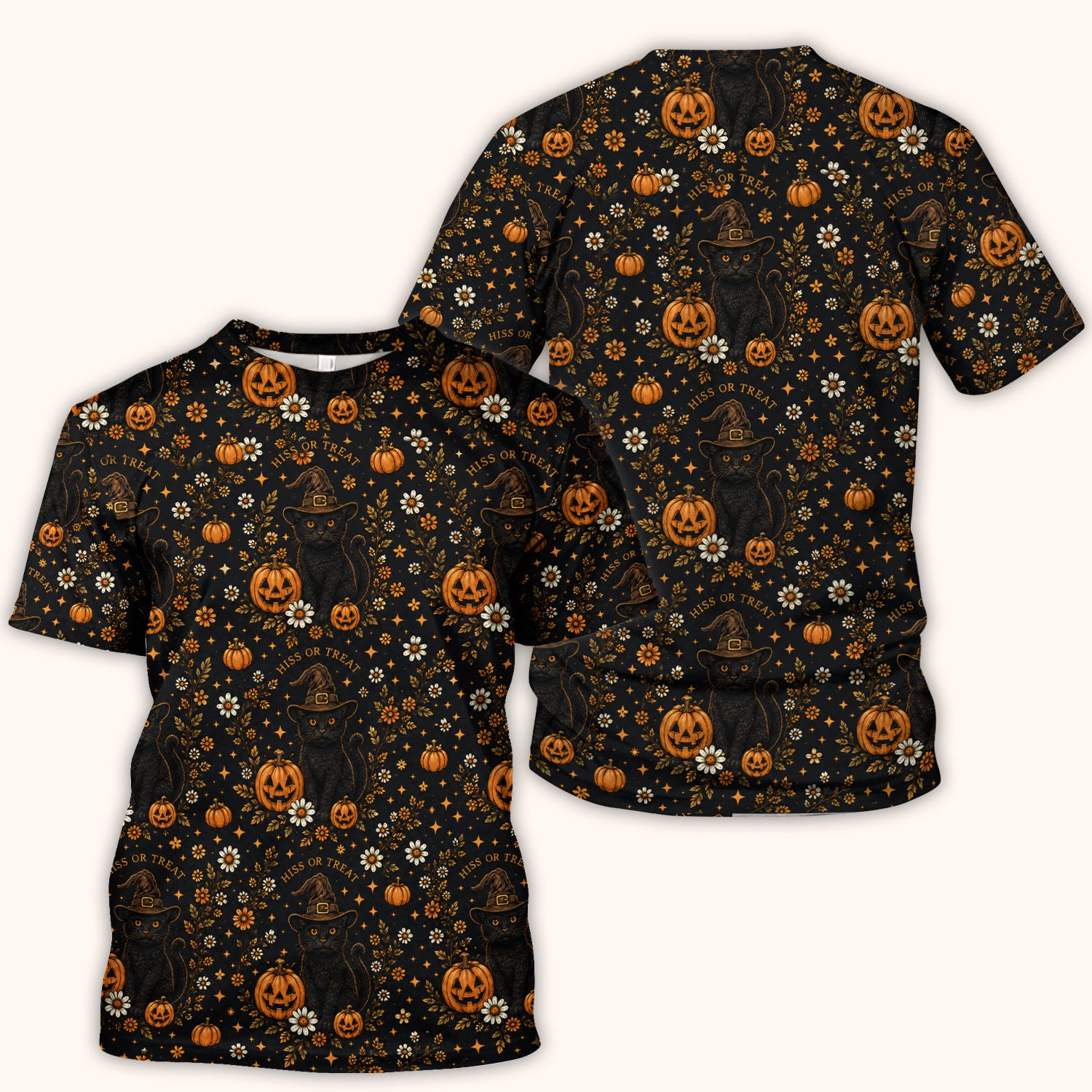 Halloween Black Cat Pumpkin Floral Scrub Top, Comfortable Scrubs for Nurses