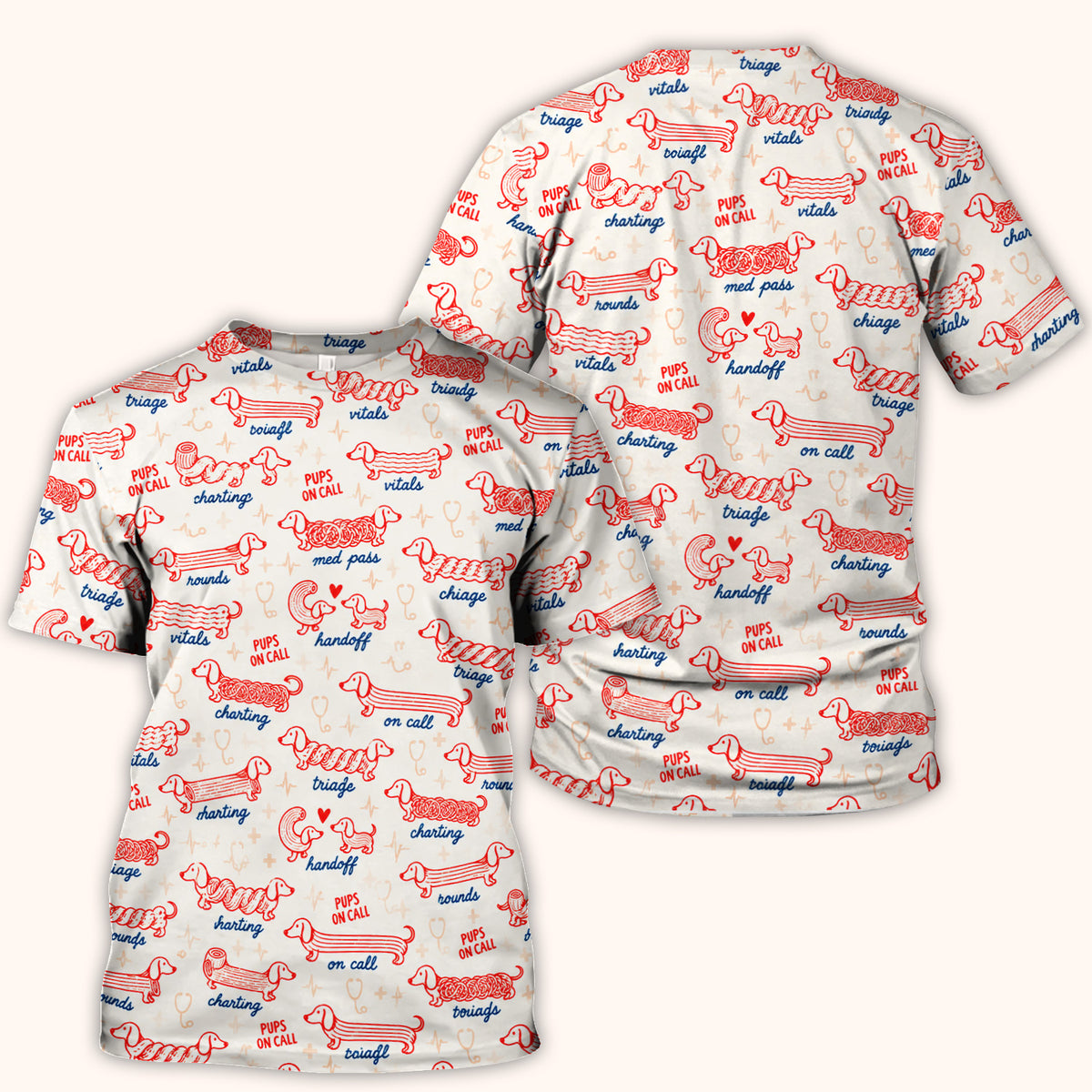 Cute Pups On Call Dachshund Pattern Scrub Top, Comfortable Scrubs for Nurses