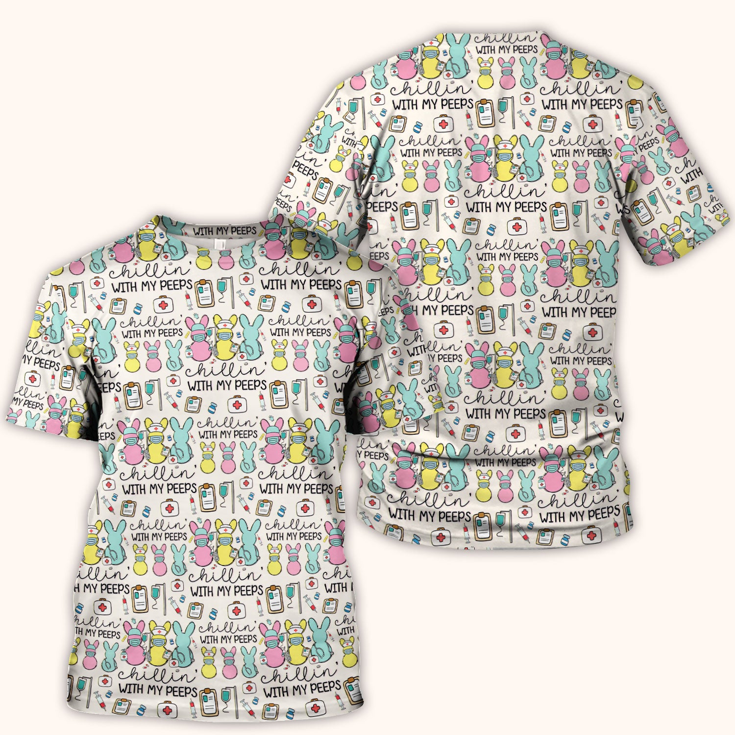 Cute Bunny Nurse Chillin With My Peeps Scrub Top, Comfortable Scrubs for Nurses, Easter