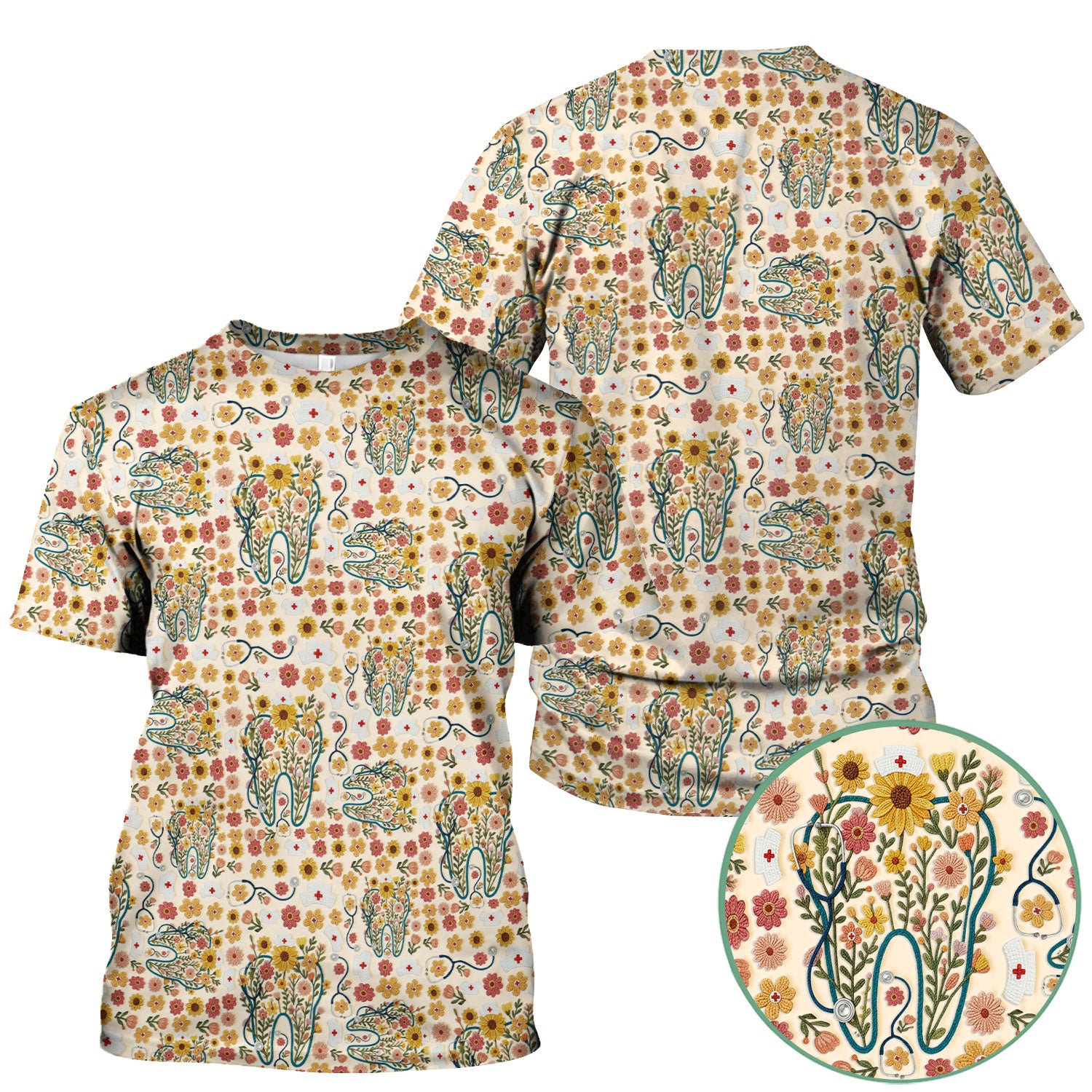 Boho Floral Tooth Scrub Top - Aesthetic Dental Scrubs for Women - Cute Flower Tooth Pattern Medical Uniform - Hygienist Christmas Gift