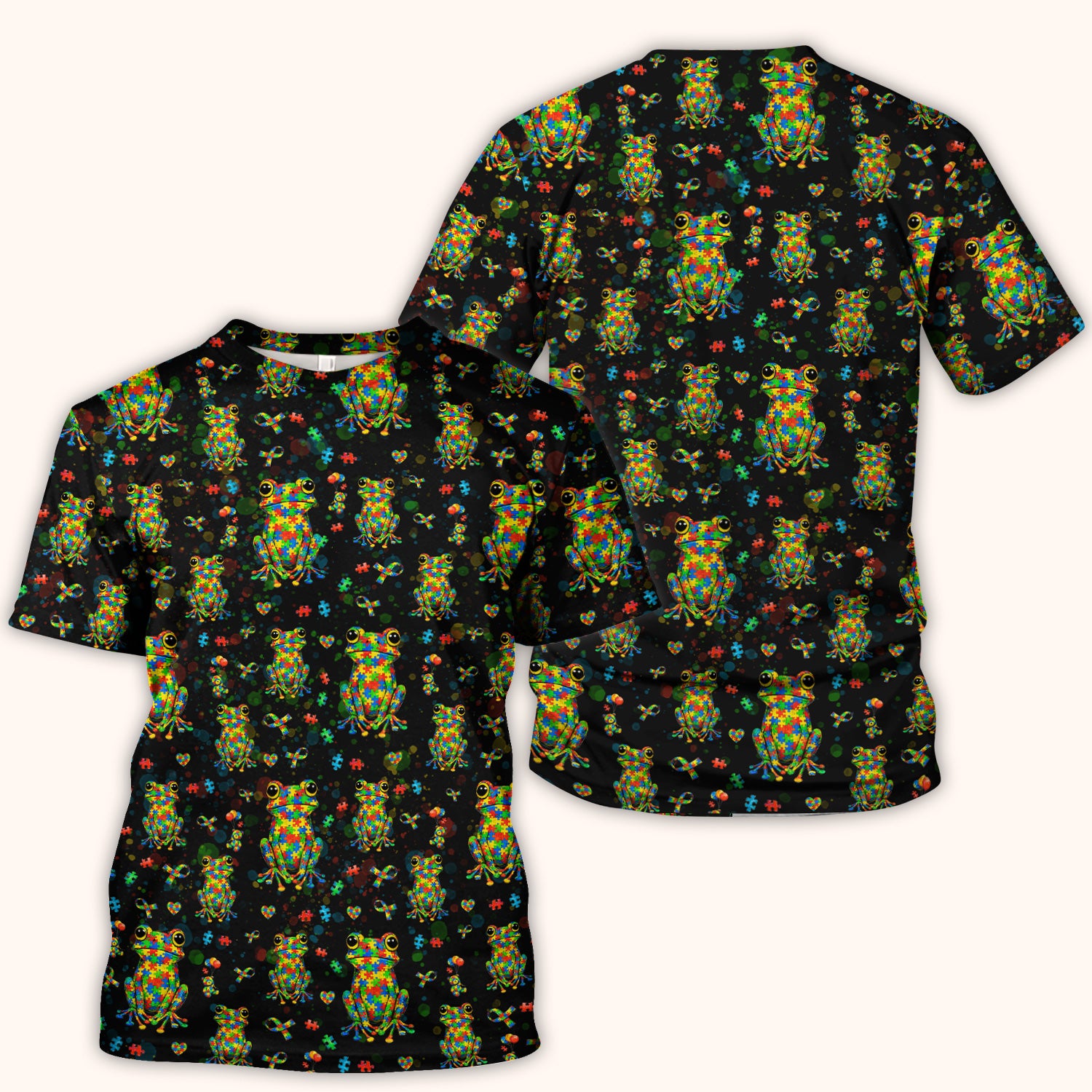 Colorful Autism Puzzle Frog Pattern Scrubs Top, Comfortable Scrubs for Nurses