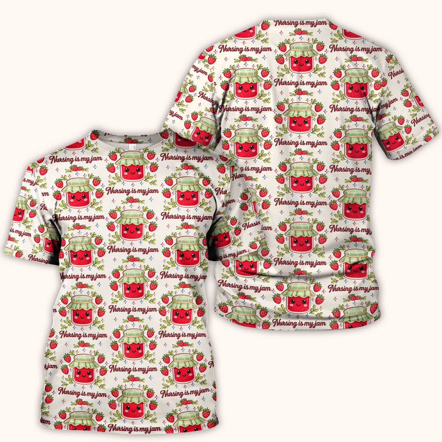 Cute Strawberry Jam Nurse Pattern Scrub Top, Breathable Fabrics Nursing Uniform