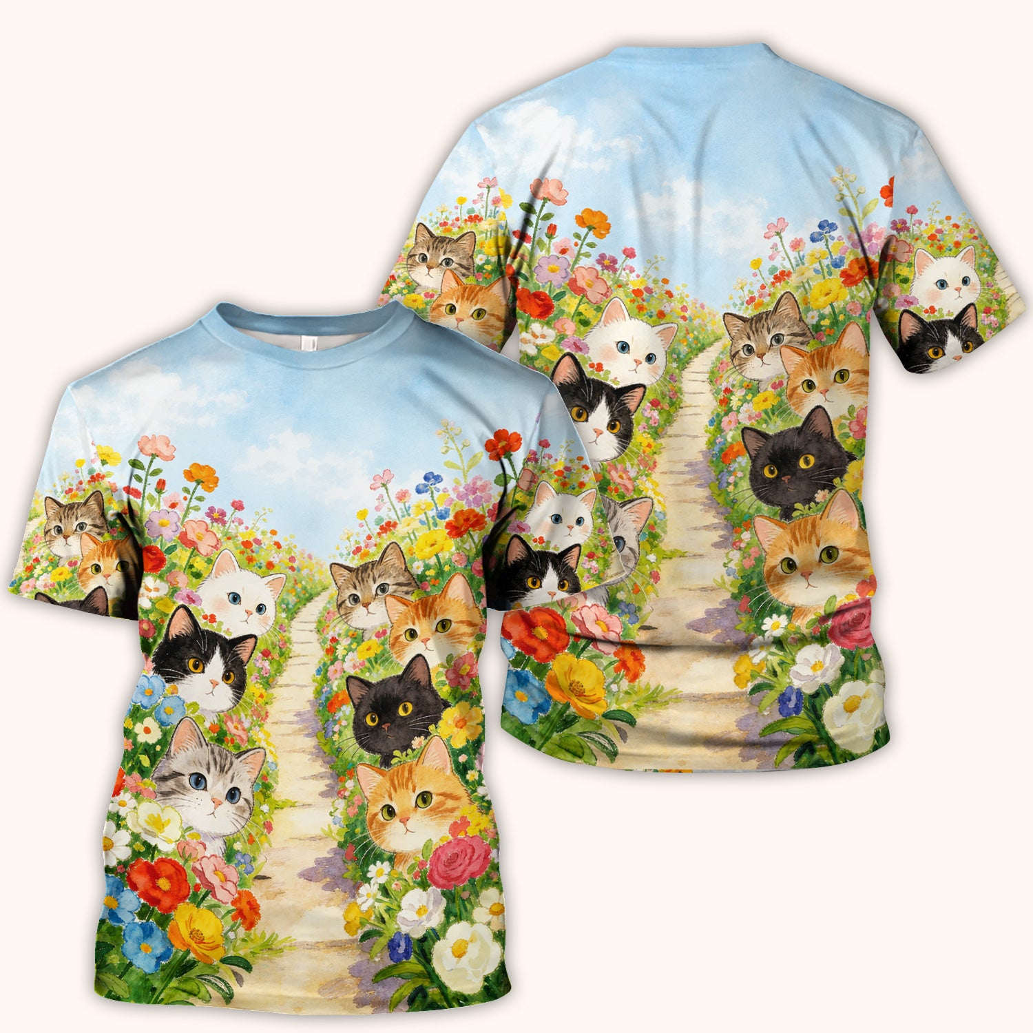 Cute Garden Cats Flower Path Pattern Scrub Top, Comfortable Scrubs for Nurses
