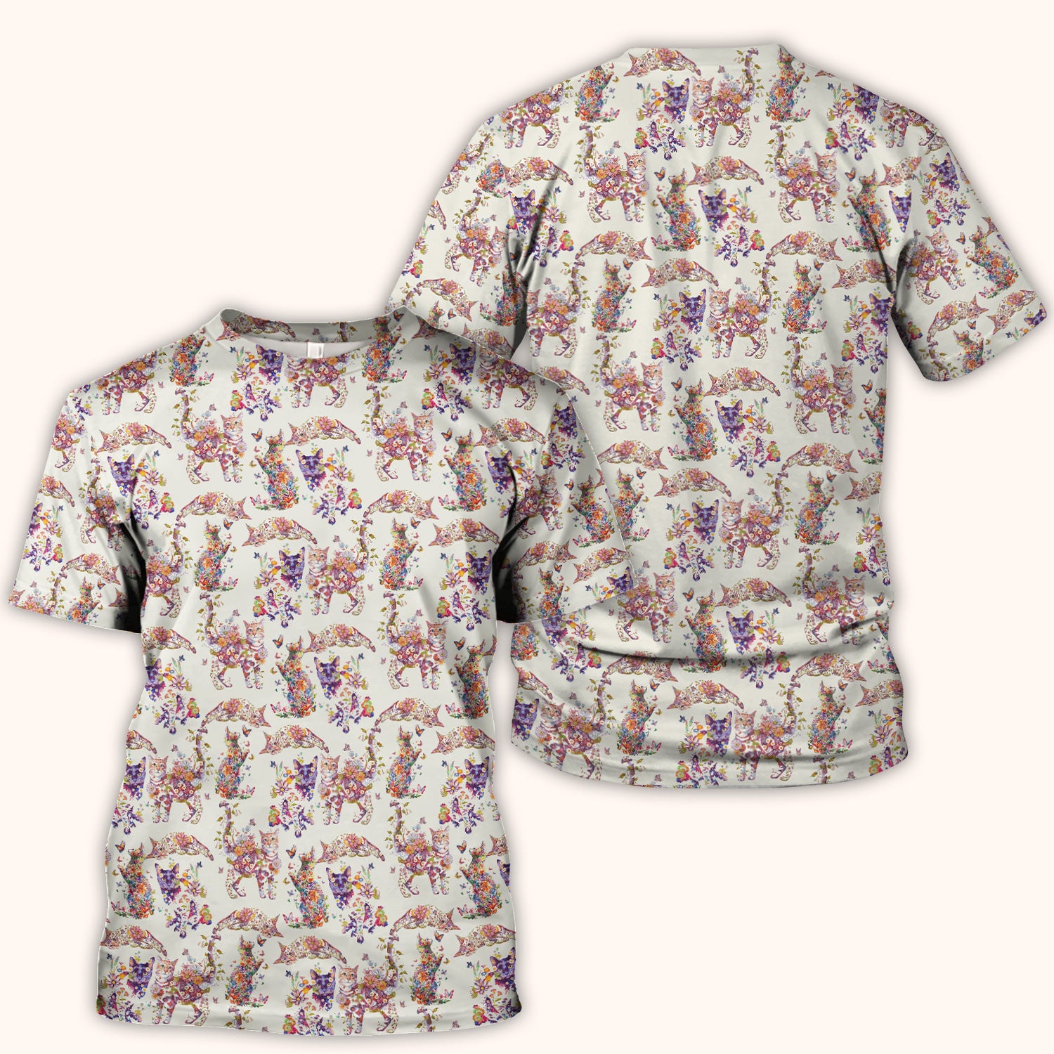 Whimsical Floral Cat Garden Pattern Scrub Top, Comfortable Scrubs for Nurses