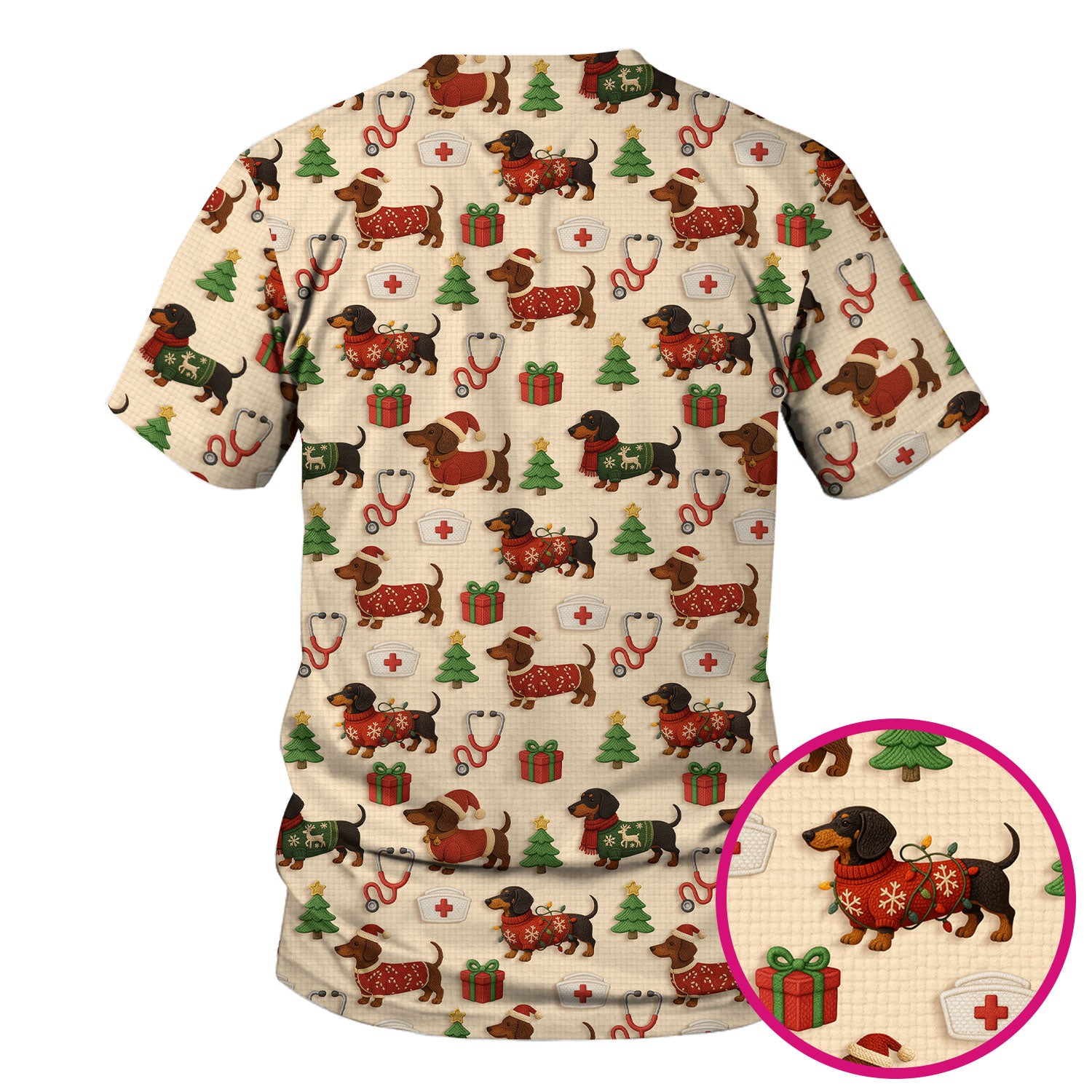 Christmas Nurse Scrubs for Women - Cute Dachshund Dog Print with Holiday Gifts & Trees - Custom Multi Color Nursing Shirt Gift