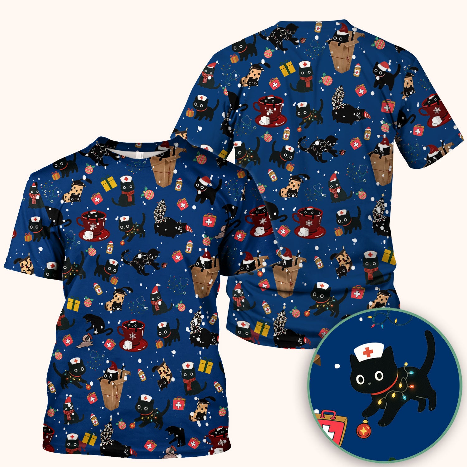 Funny Cat Scrub for Women - Christmas Black Cats Comfortable Scrubs for Nurses - Breathable Fabrics Nursing Uniform
