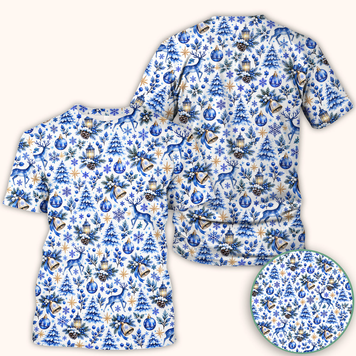 Blue Christmas Reindeer And Winter Trees Scrub Top, Comfortable Scrubs for Nurses