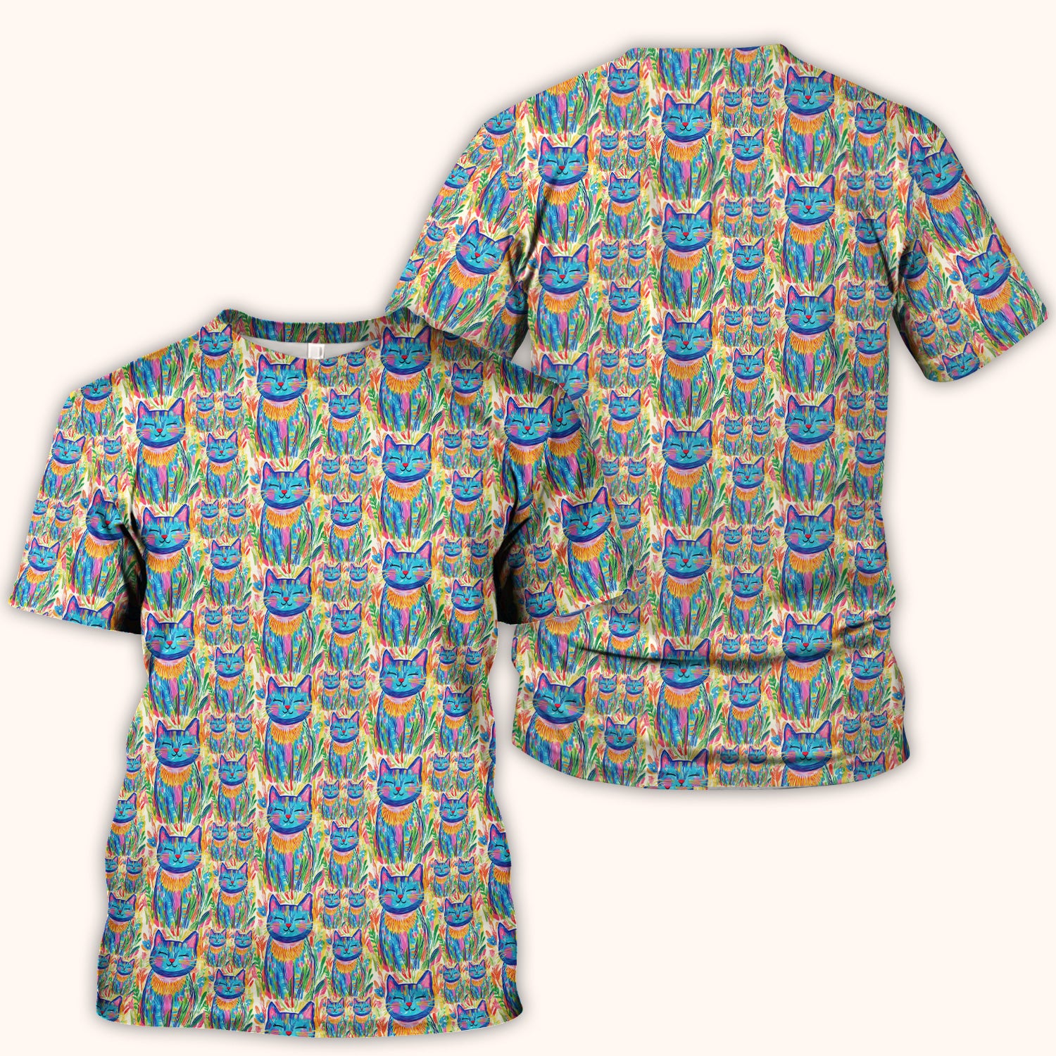 Colorful Rainbow Cat With Floral Brushstroke Scrub Top, Breathable Fabrics Nursing Uniform