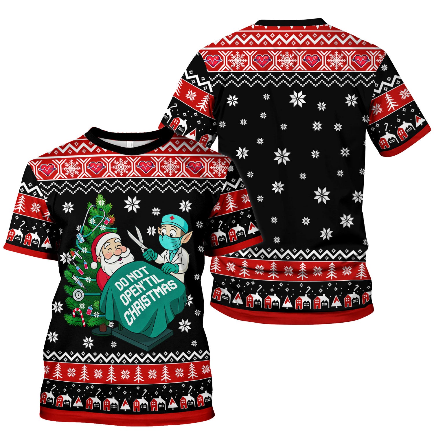 Funny Scrub Top for Women - Do Not Open Til Christmas Santa and Elf - Holiday Medical Uniform Gift for RN LPN CNA