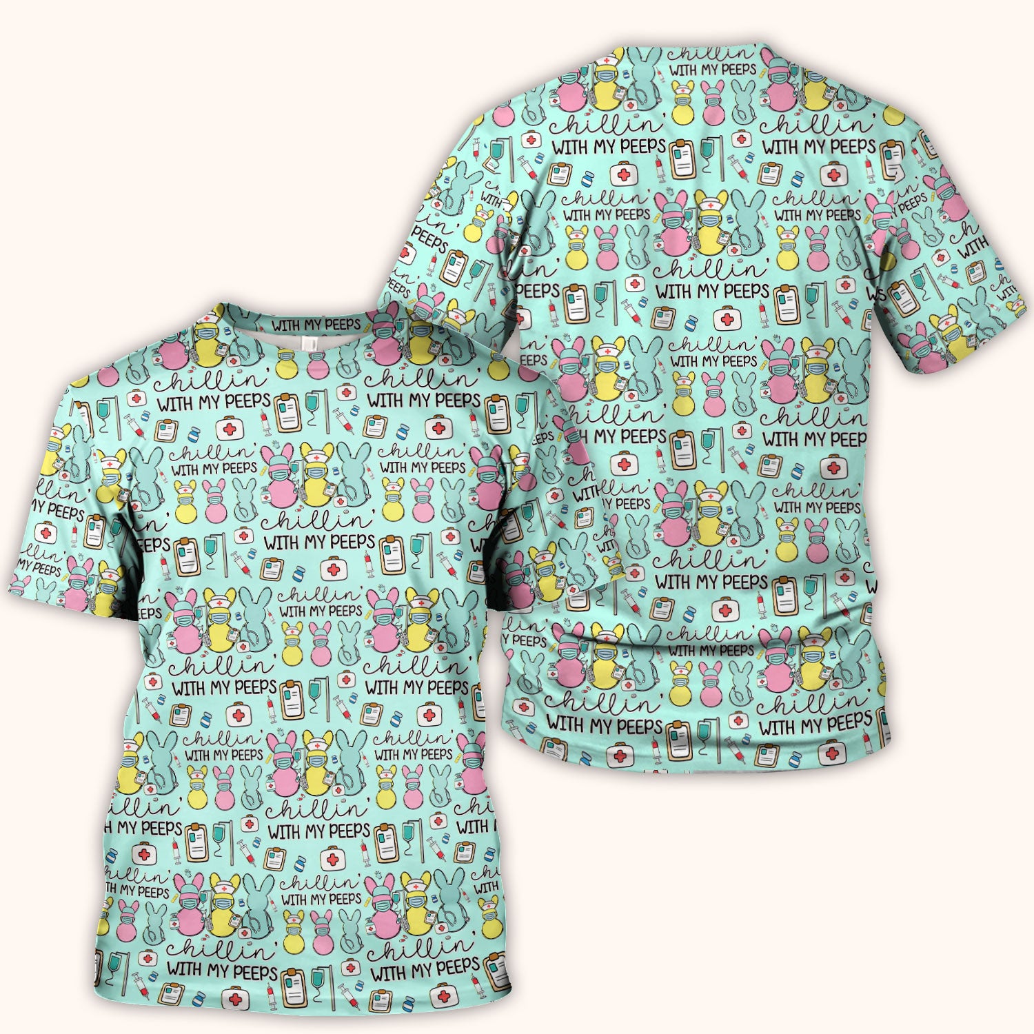 Cute Bunny Nurse Chillin With My Peeps Scrub Top, Comfortable Scrubs for Nurses, Easter