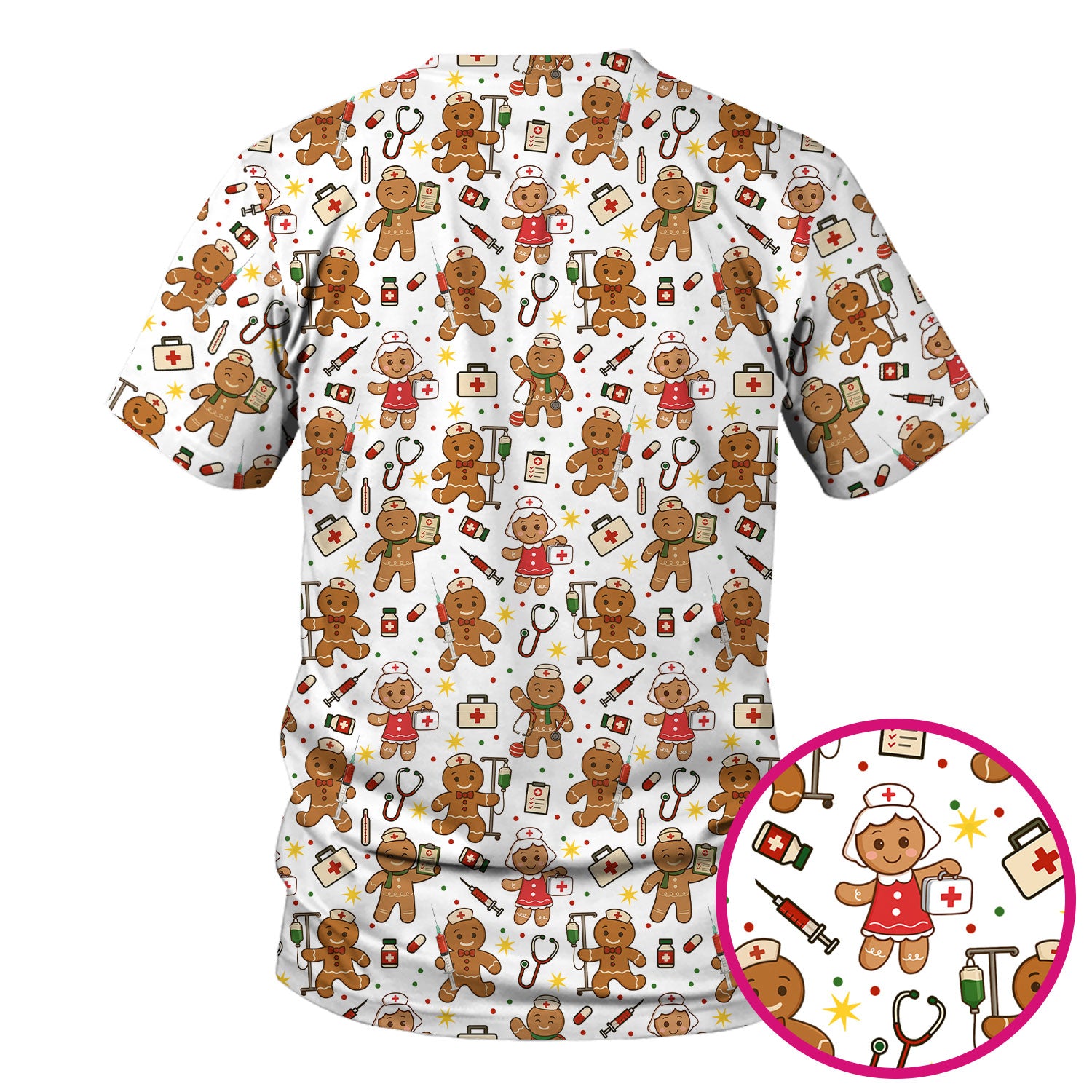 Gingerbread Christmas Nurse Scrub Top - Cute Holiday Cookie Pattern Shirt for Women - Funny Festive Nursing Gift for RN LPN CNA