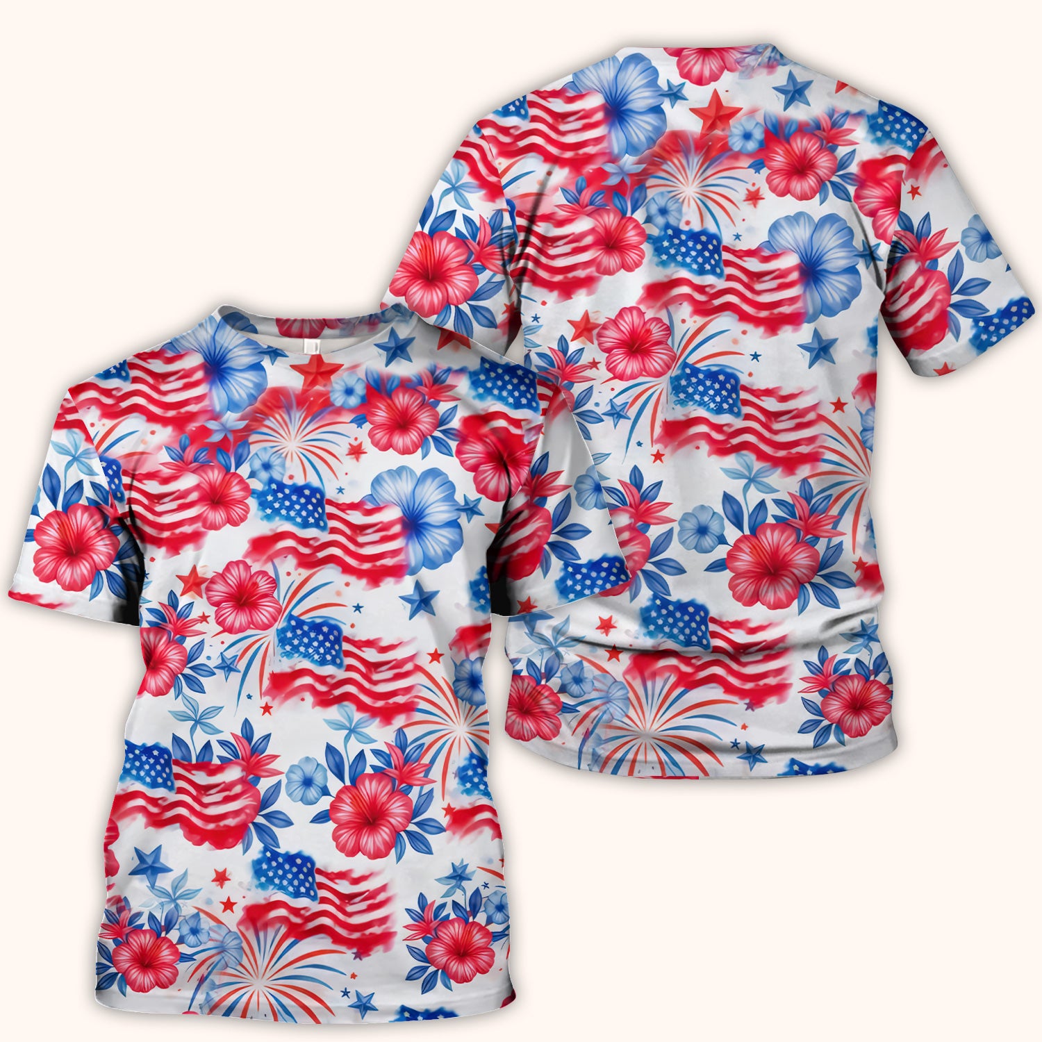 Patriotic American Flag Floral Pattern Scrub Top, Comfortable Scrubs for Nurses