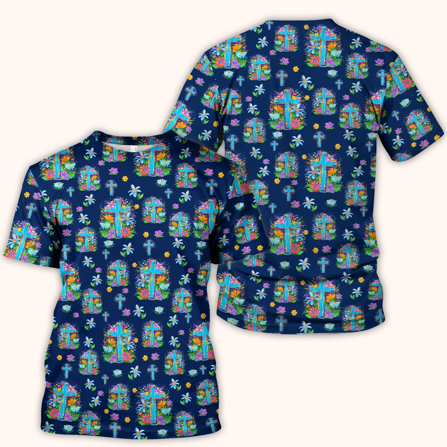 Christian Floral Cross Spring Pattern Scrub Top, Comfortable Scrubs for Nurses