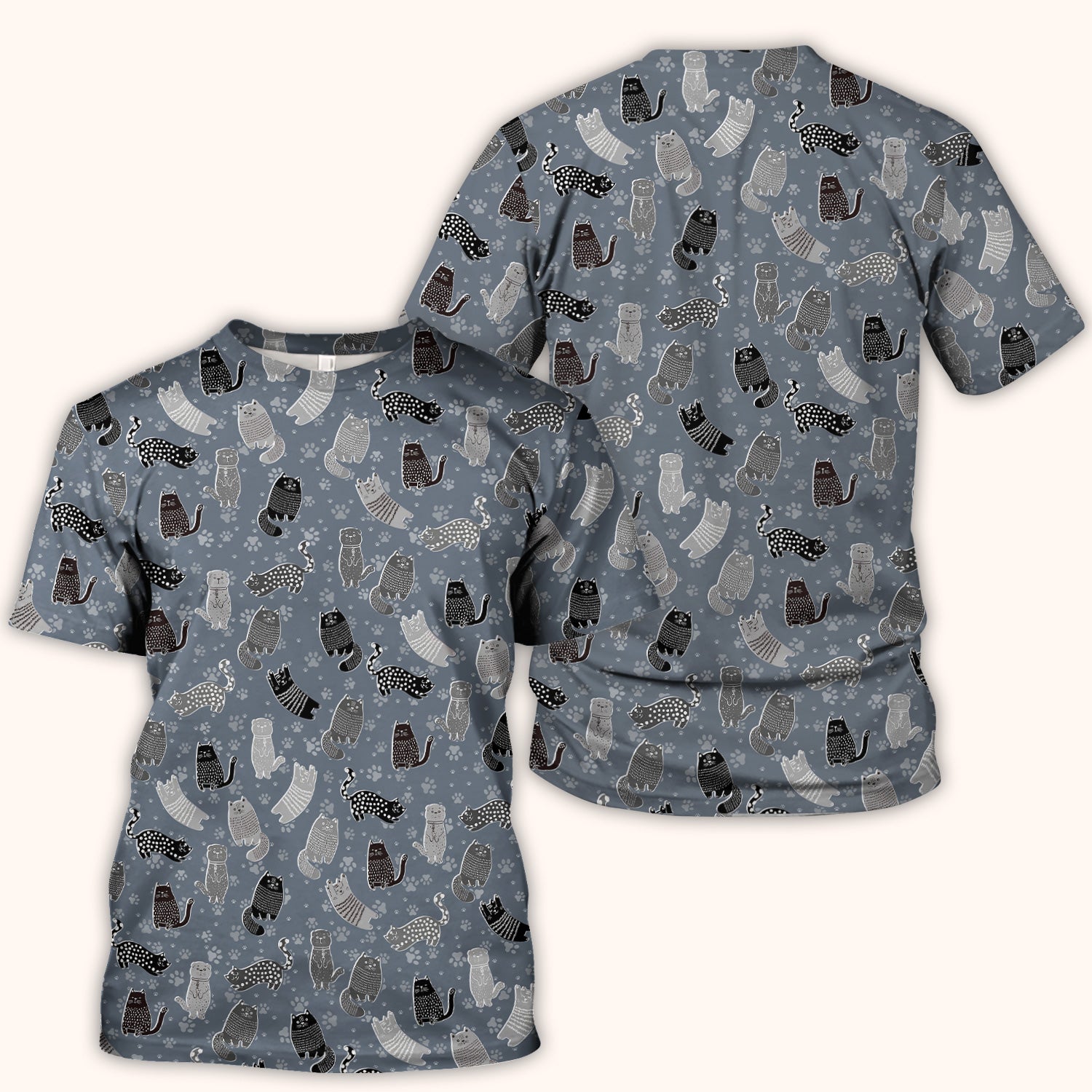 Cute Cat and Paw Print Pattern Scrub Top, Breathable Fabrics Nursing Uniform
