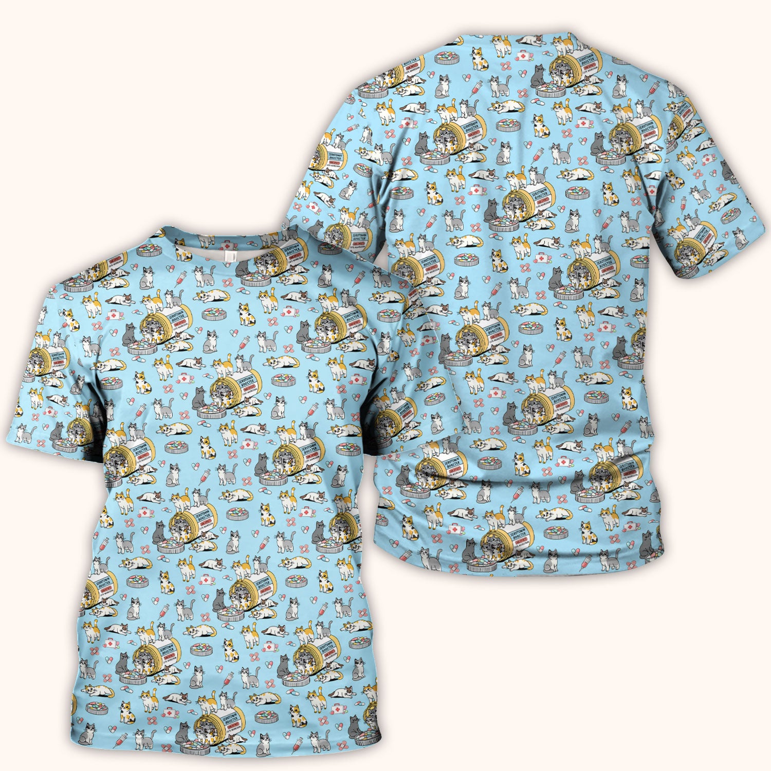 Cute Cat Serotonin Booster Pattern Scrub Top, Comfortable Scrubs for Nurses