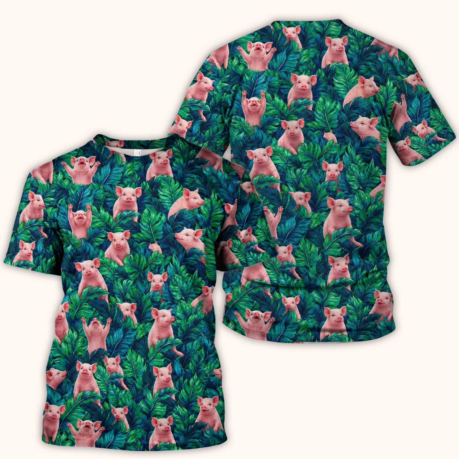 Cute Piglet Jungle Leaves Pattern Scrub Top, Comfortable Scrubs for Nurses