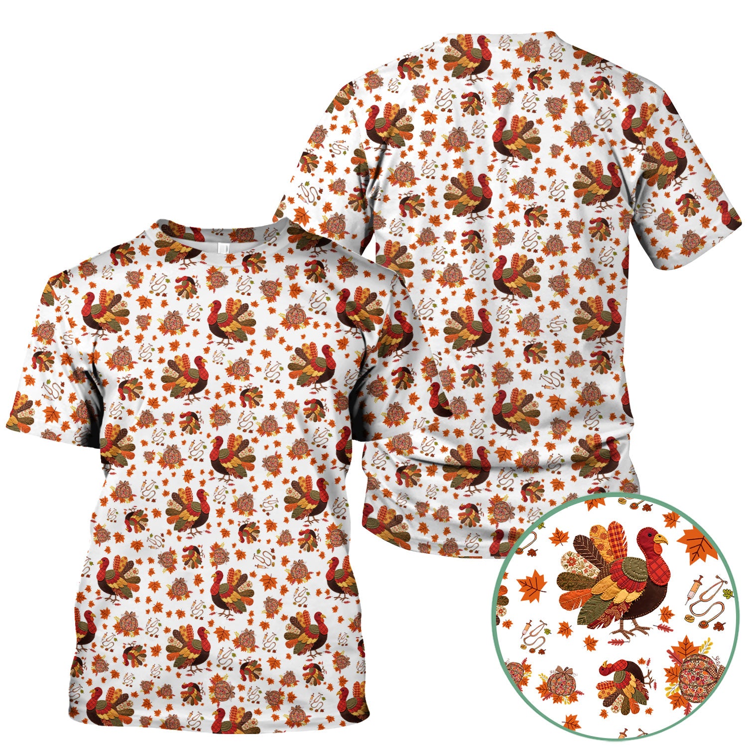 Fall Leaves Thanksgiving Scrubs for Nurses - Comfortable Scrub Tops - Turkey Nursing Uniform Gift for Women