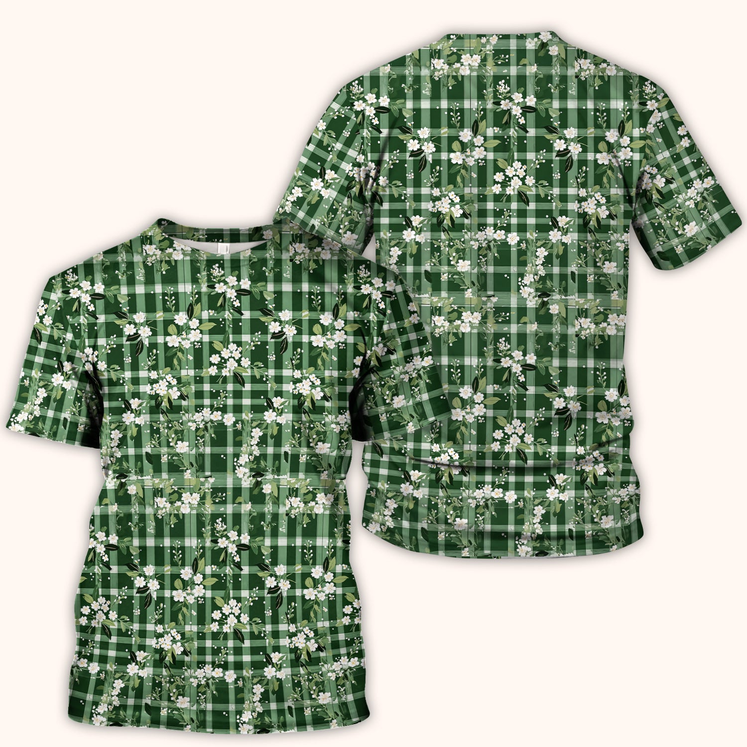 Cute Green Gingham Floral Print Scrub Top, Breathable Fabrics Nursing Uniform