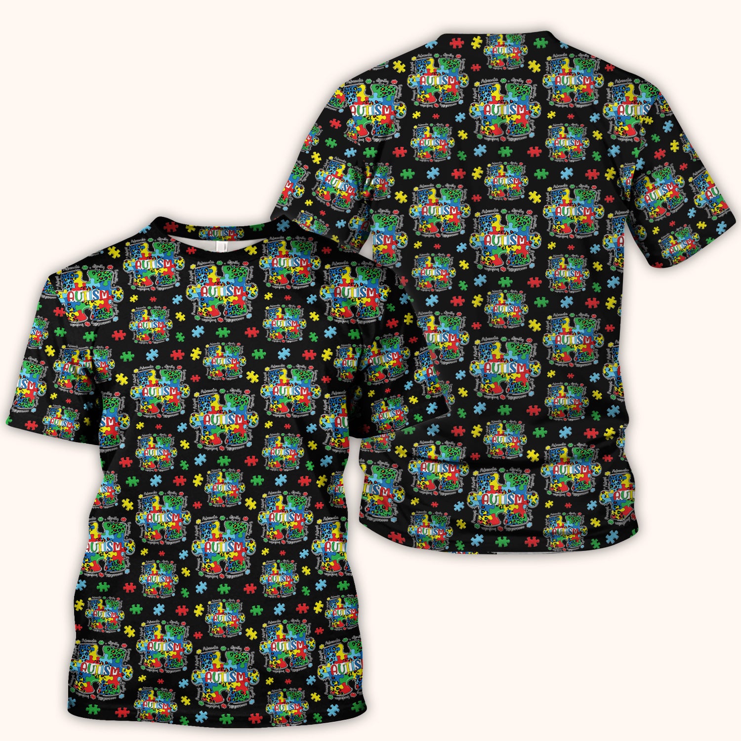 Autism Awareness Puzzle Pattern Scrub Top, Breathable Fabrics Nursing Uniform
