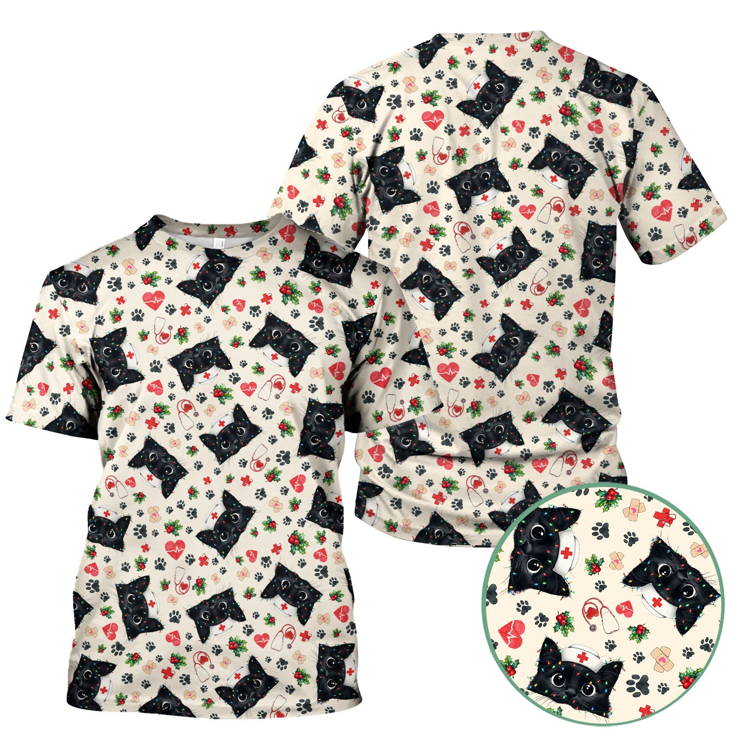 Black Cat Scrub Top for Nurse - Cute Kittens Christmas Medical Uniform - Funny Holiday Gift for Women