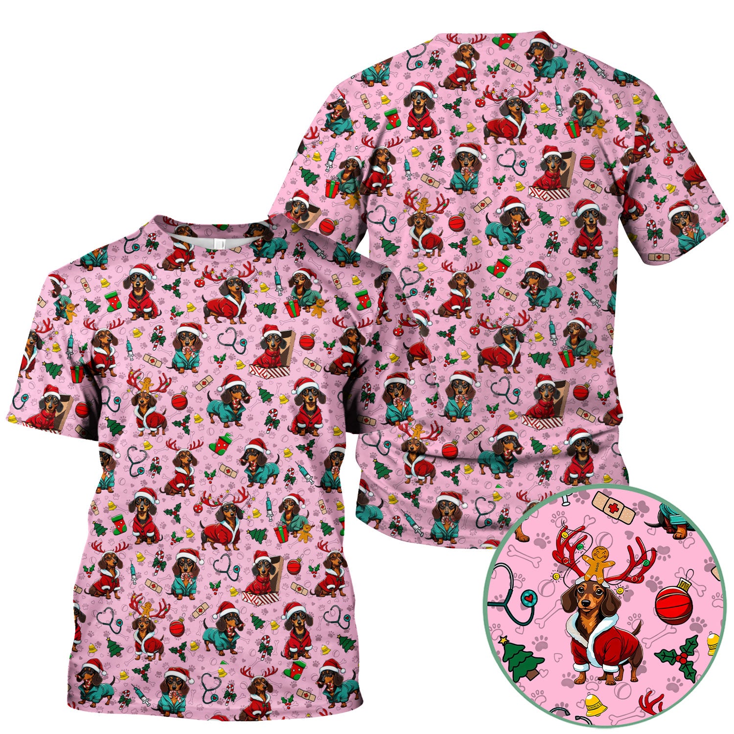 Christmas Dachshund Scrubs for Nurses - Cute Sausage Dog Holiday Scrub Top - Funny Reindeer & Santa Medical Shirt for Women