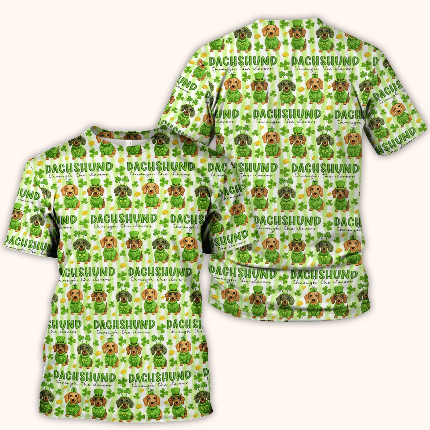 Wiener Dog St. Patrick’s Day Scrub Top, Shamrock Dachshund Pattern Nurse Shirt, Breathable Fabrics Nursing Uniform