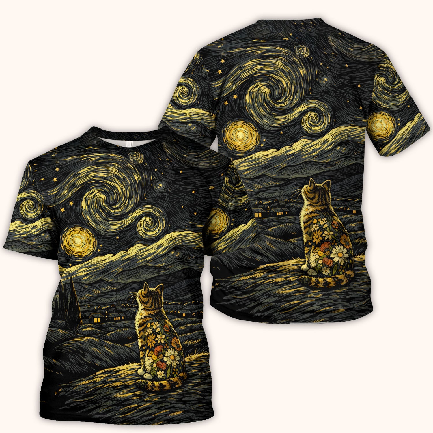 Galaxy Night Sky Cat With Flowers Print Scrub Top, Breathable Fabrics Nursing Uniform