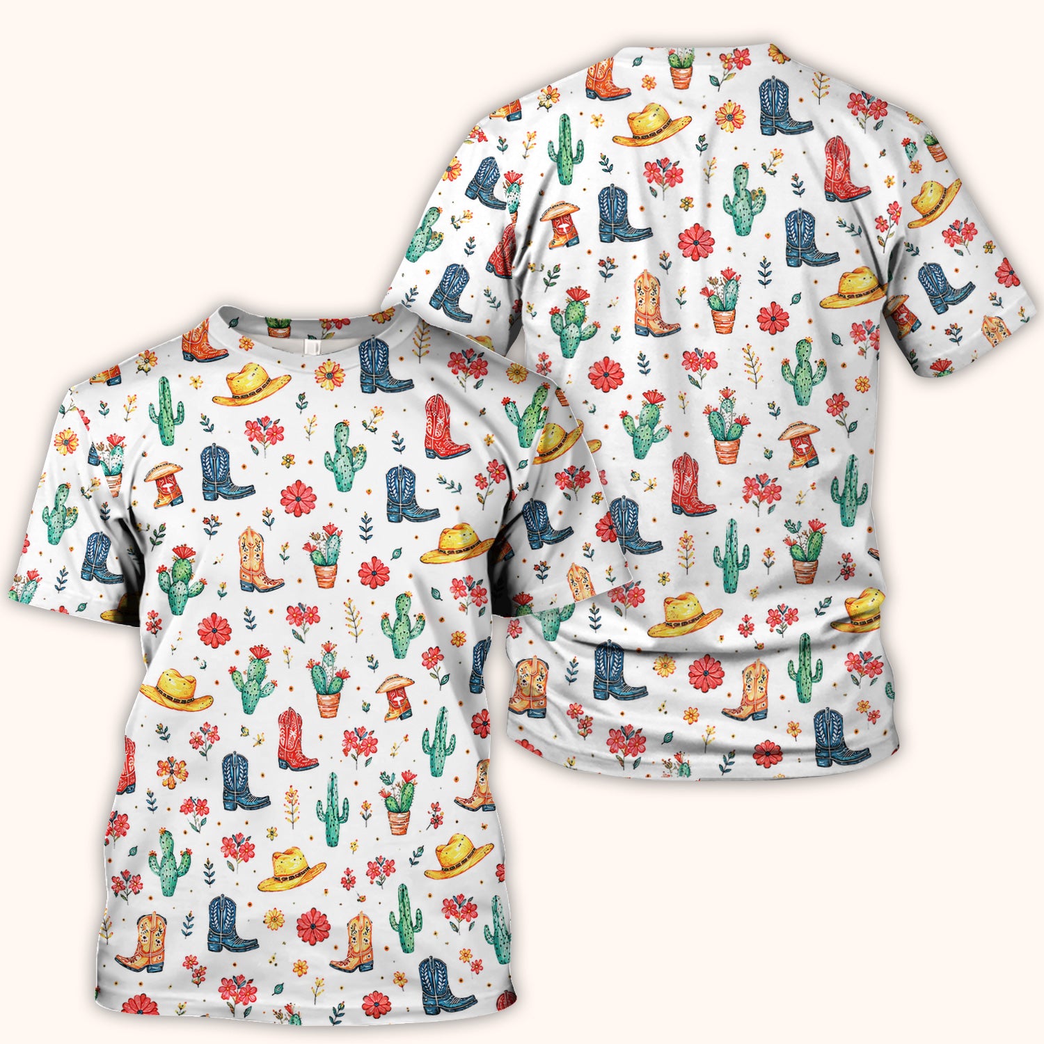 Whimsical Western Cactus Boots Pattern Scrub Top, Breathable Fabrics Nursing Uniform