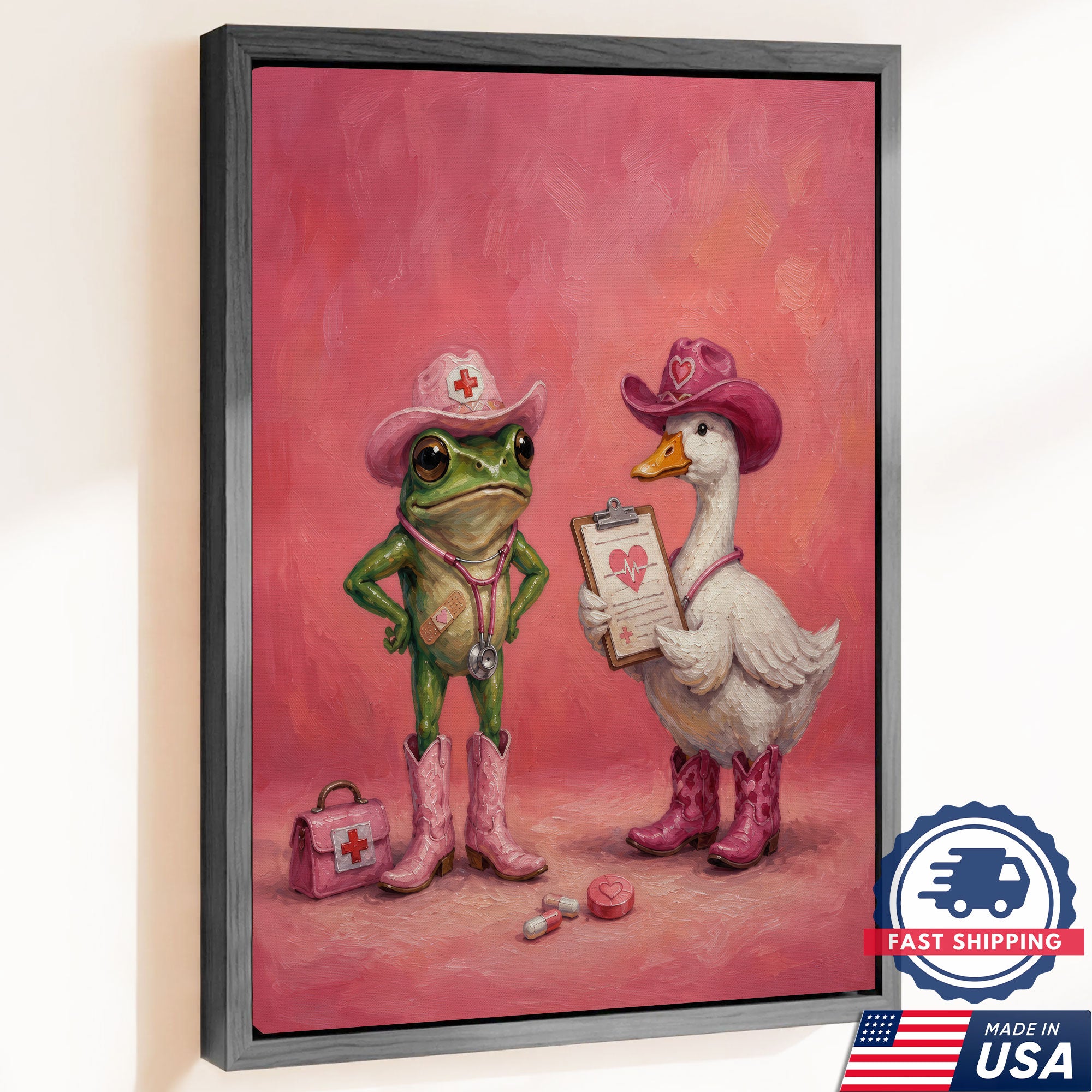 Cute Nurse Frog Duck Cowgirl Canvas Wall Art, Clinic Decor