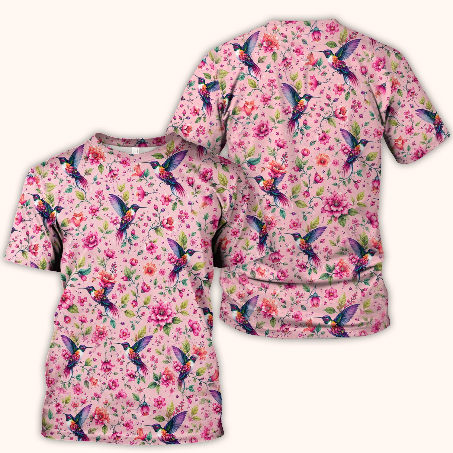 Pink Hummingbird Floral Garden Pattern Scrub Top, Comfortable Scrubs for Nurses