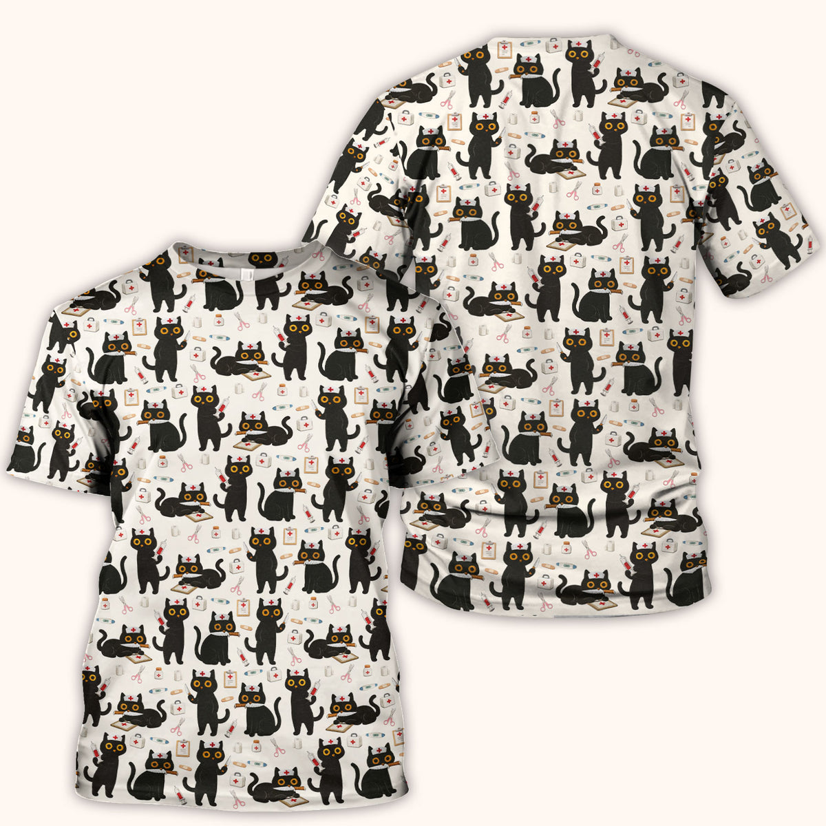 Cute Black Cat Nurse Pattern Scrub Top, Comfortable Scrubs for Nurses